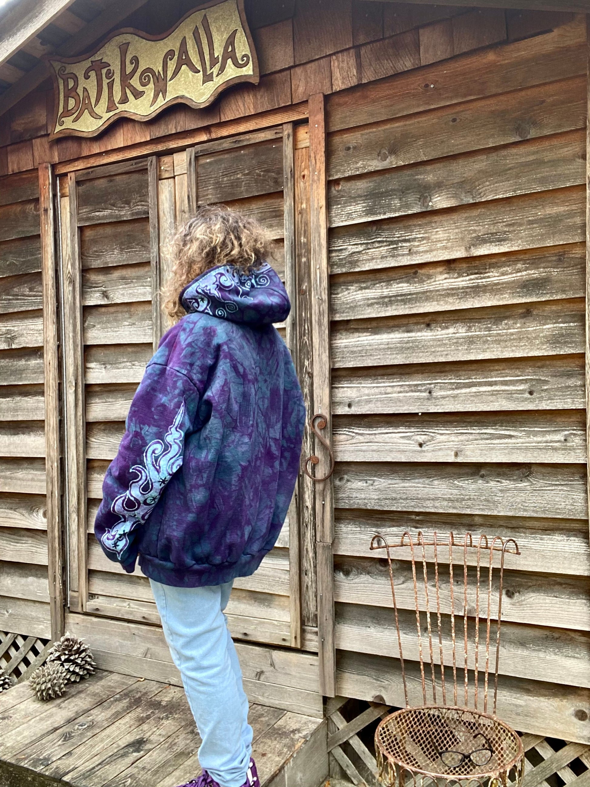 Teal and Purple Tuxedo Swirls with Stars Handcrafted Batik Zipper Hoodie - Size 2X hoodie batikwalla