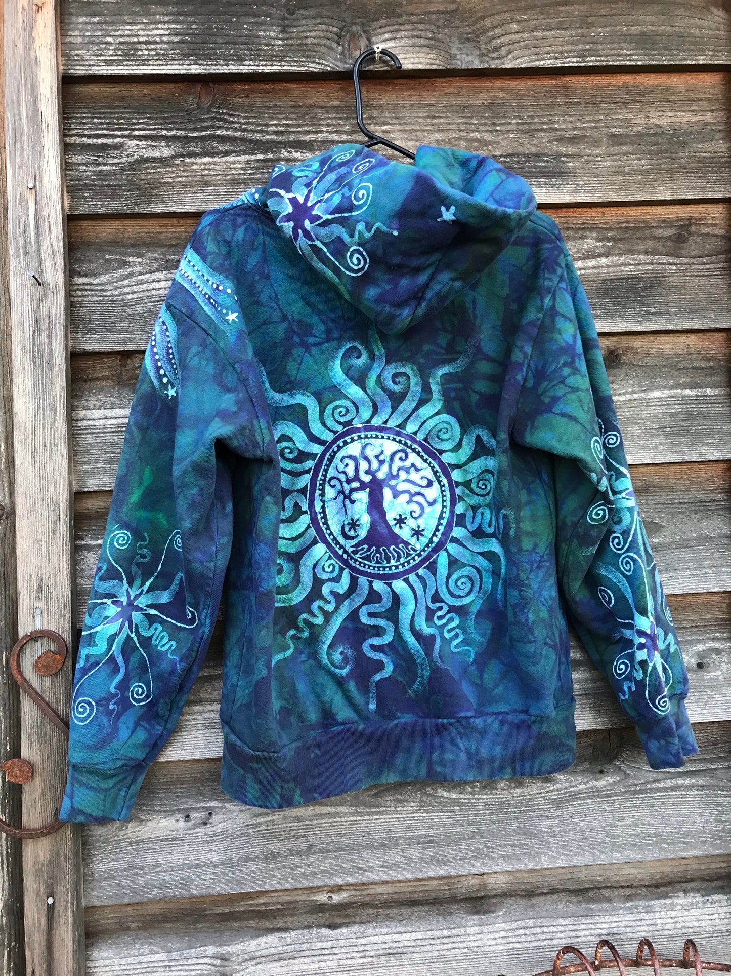 Teal and Purple Tree of Life Handcrafted Batik Zipper Hoodie - Size Small hoodie batikwalla