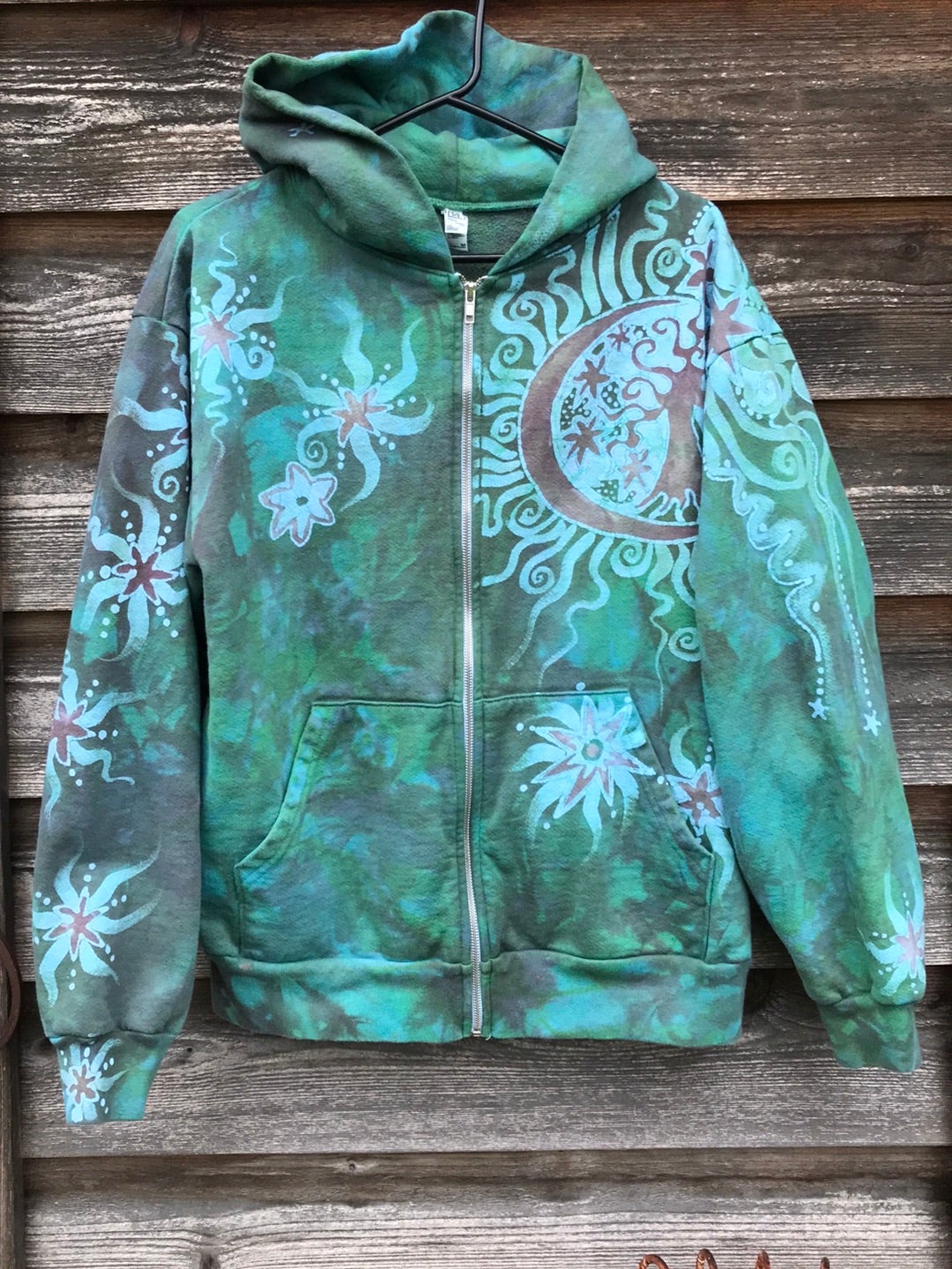 Mushroom and Moss Green Moon Handcrafted Batik Zipper Hoodie - Size Medium hoodie batikwalla