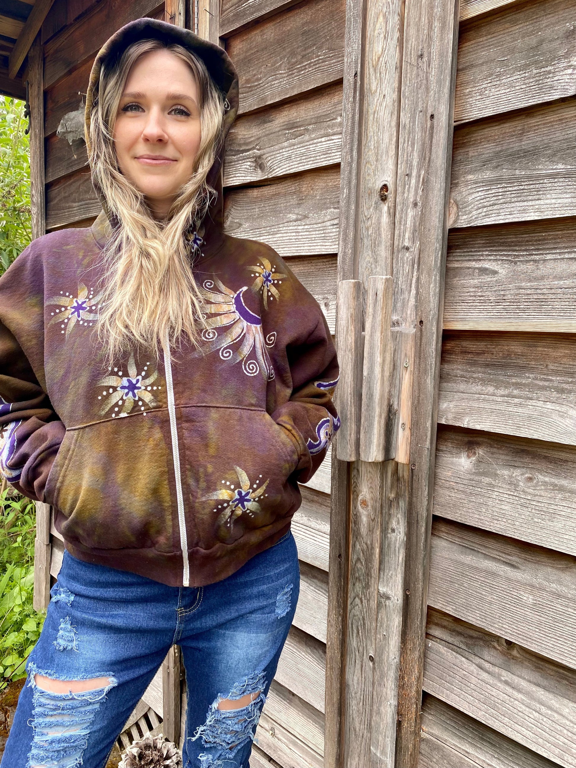 Dark Gold and Purple Moon and Stars Handmade Batik Hoodie - Size M/L hoodie batikwalla