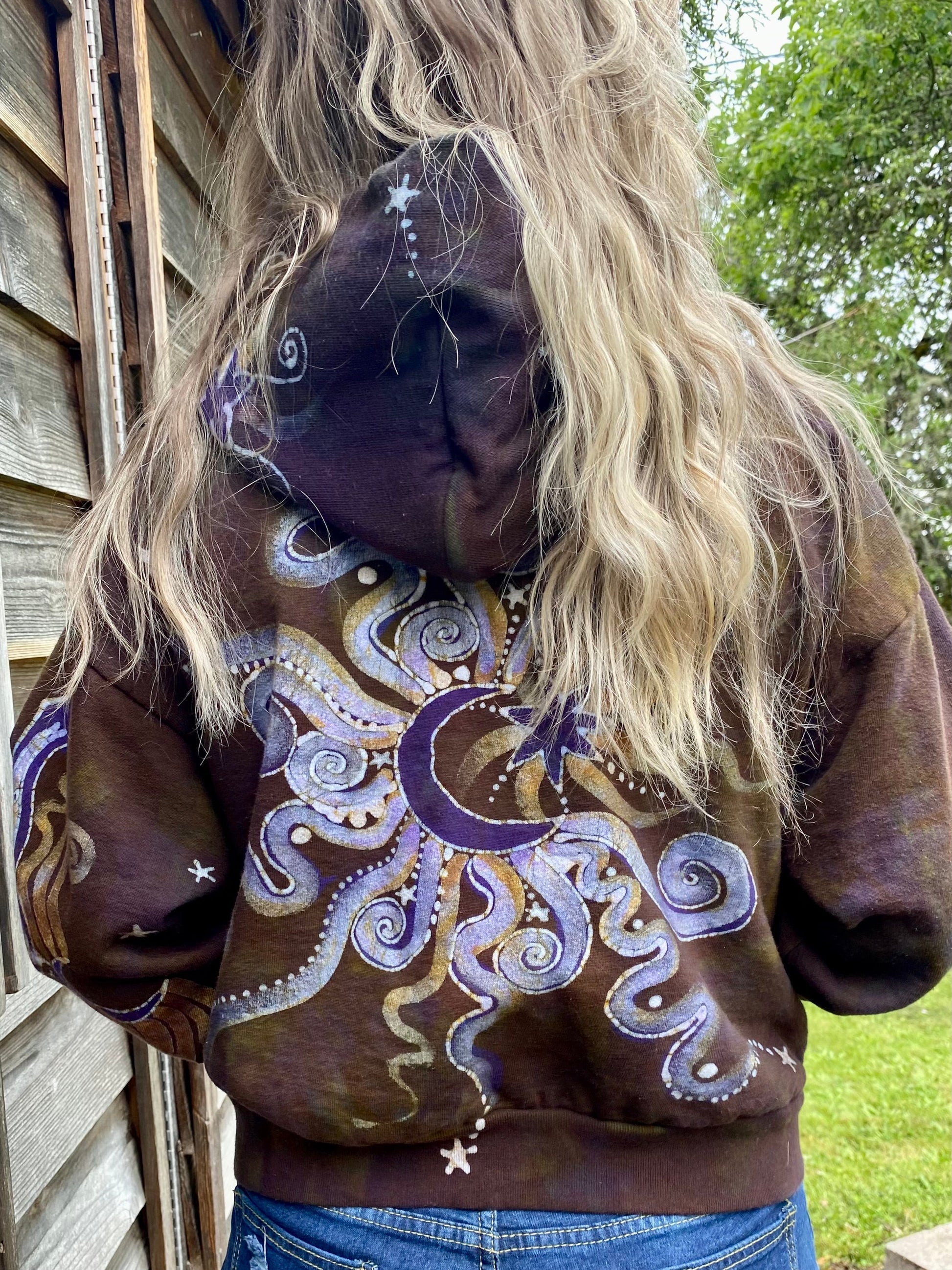 Dark Gold and Purple Moon and Stars Handmade Batik Hoodie - Size M/L hoodie batikwalla