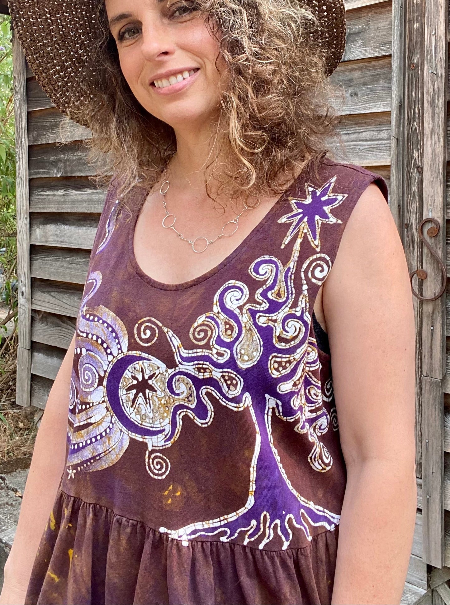 Reserved for Karin - Golden Sun Purple Forest Farmer's Market Pocket Dress - Size 2X Batik Dresses Batikwalla