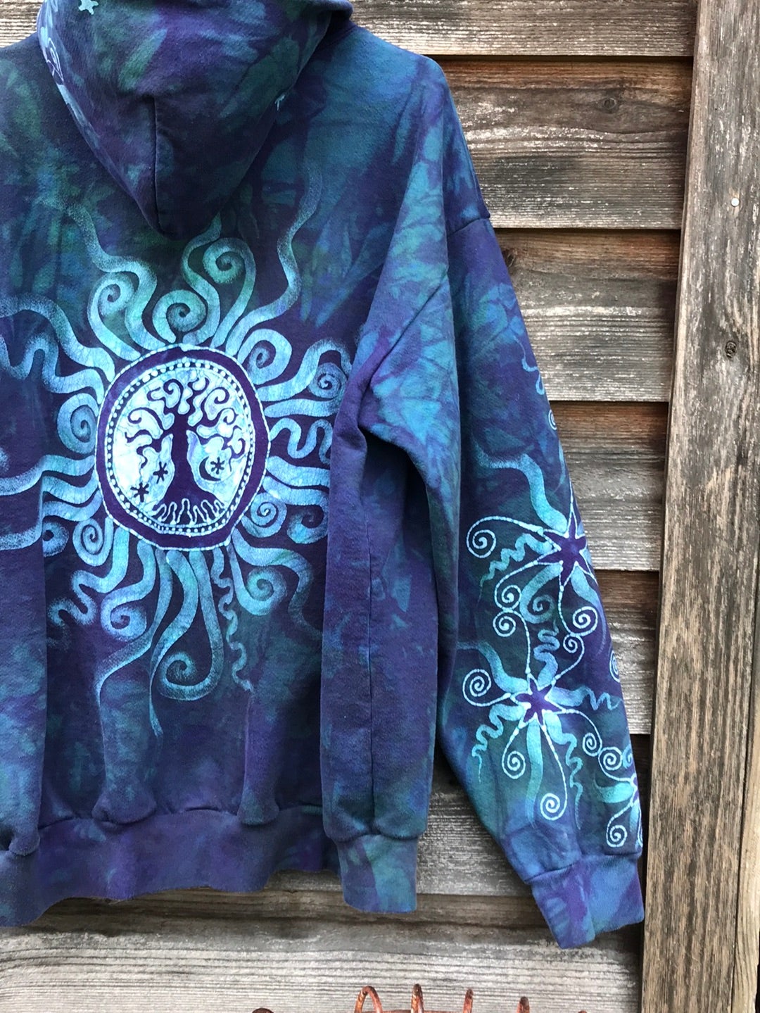 Teal and Purple Tree of Life Handcrafted Batik Zipper Hoodie - Size 2X hoodie batikwalla
