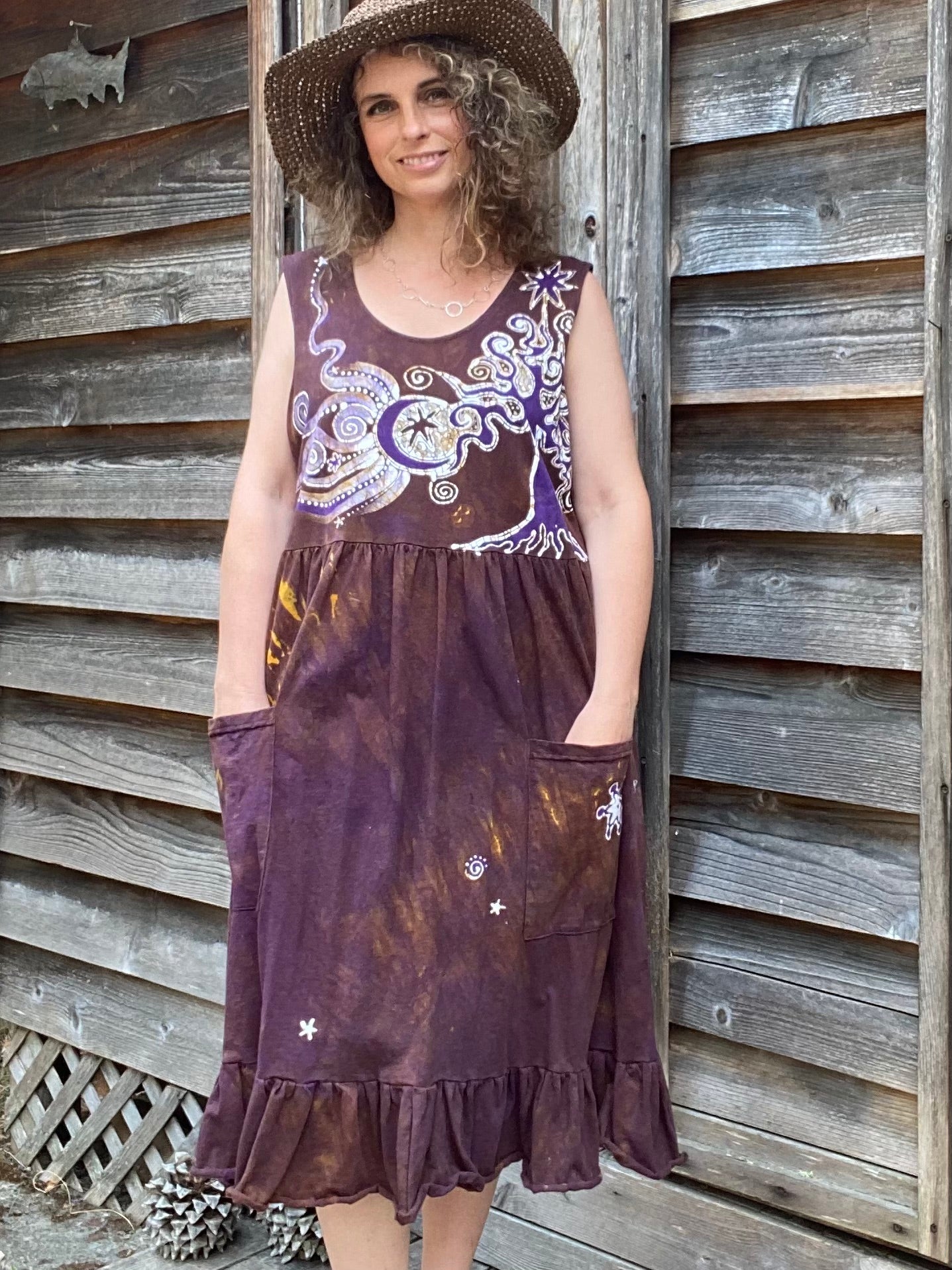 Golden Sunlight in the Purple Forest Handmade Batik Pocket Dress, Size 2X Golden Sunlight in the Purple Forest Handmade Batik Pocket Dress, Size 2X