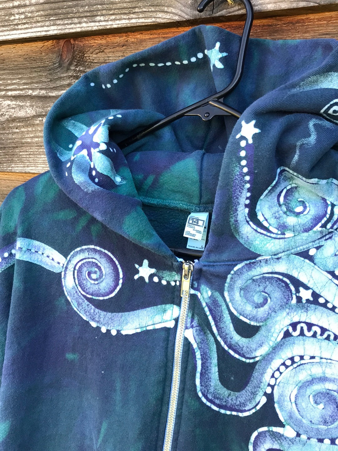 Teal and Purple Tree of Life Handcrafted Batik Zipper Hoodie - Size LARGE hoodie batikwalla