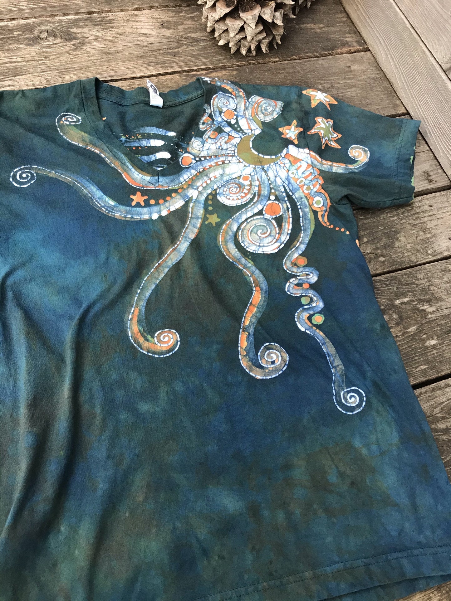 Peach and Teal Moonbeams Hand Painted Batikwalla Vneck Tshirt - Unisex Tshirts batikwalla