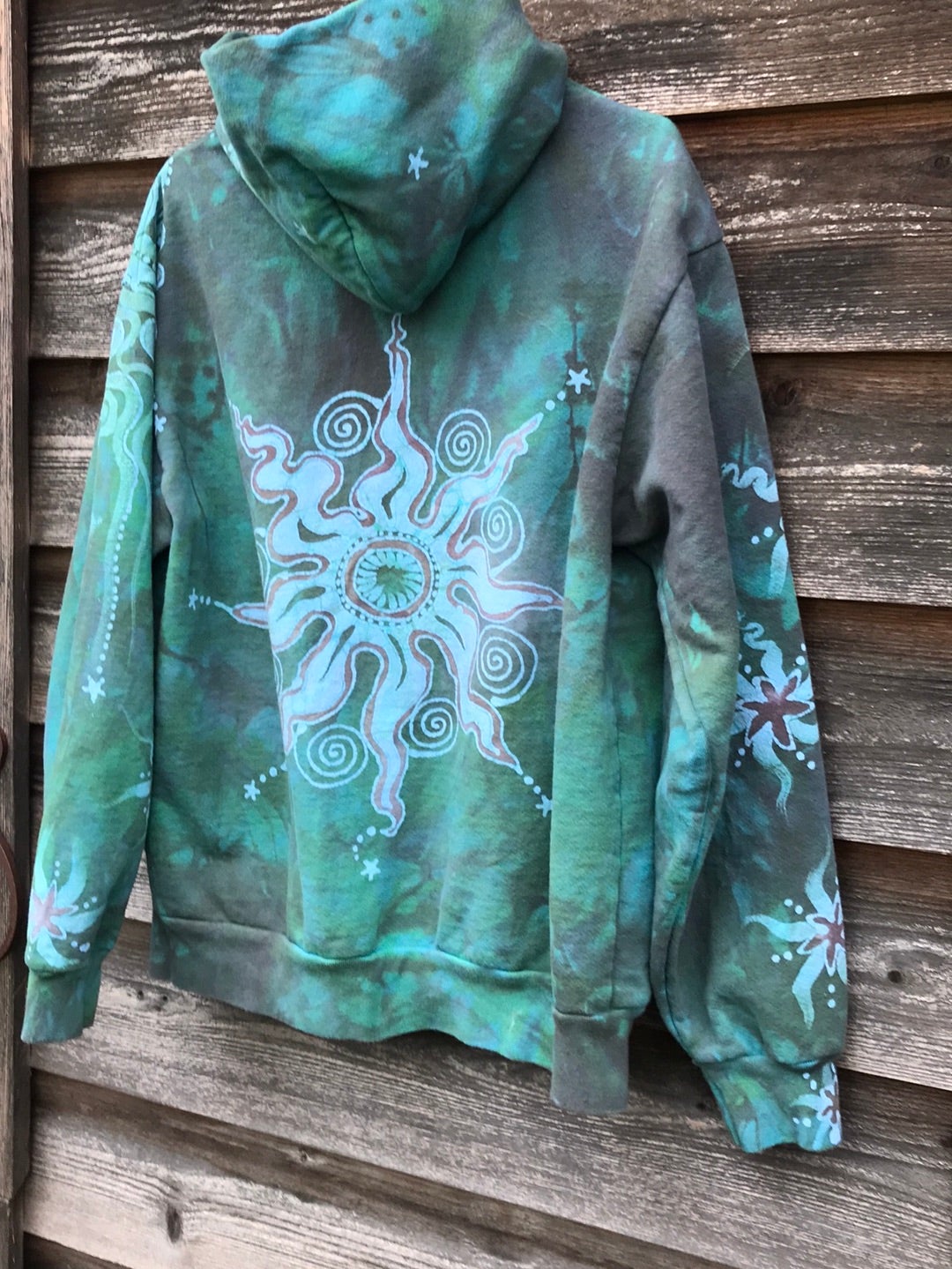 Mushroom and Moss Green Moon Handcrafted Batik Zipper Hoodie - Size Medium hoodie batikwalla