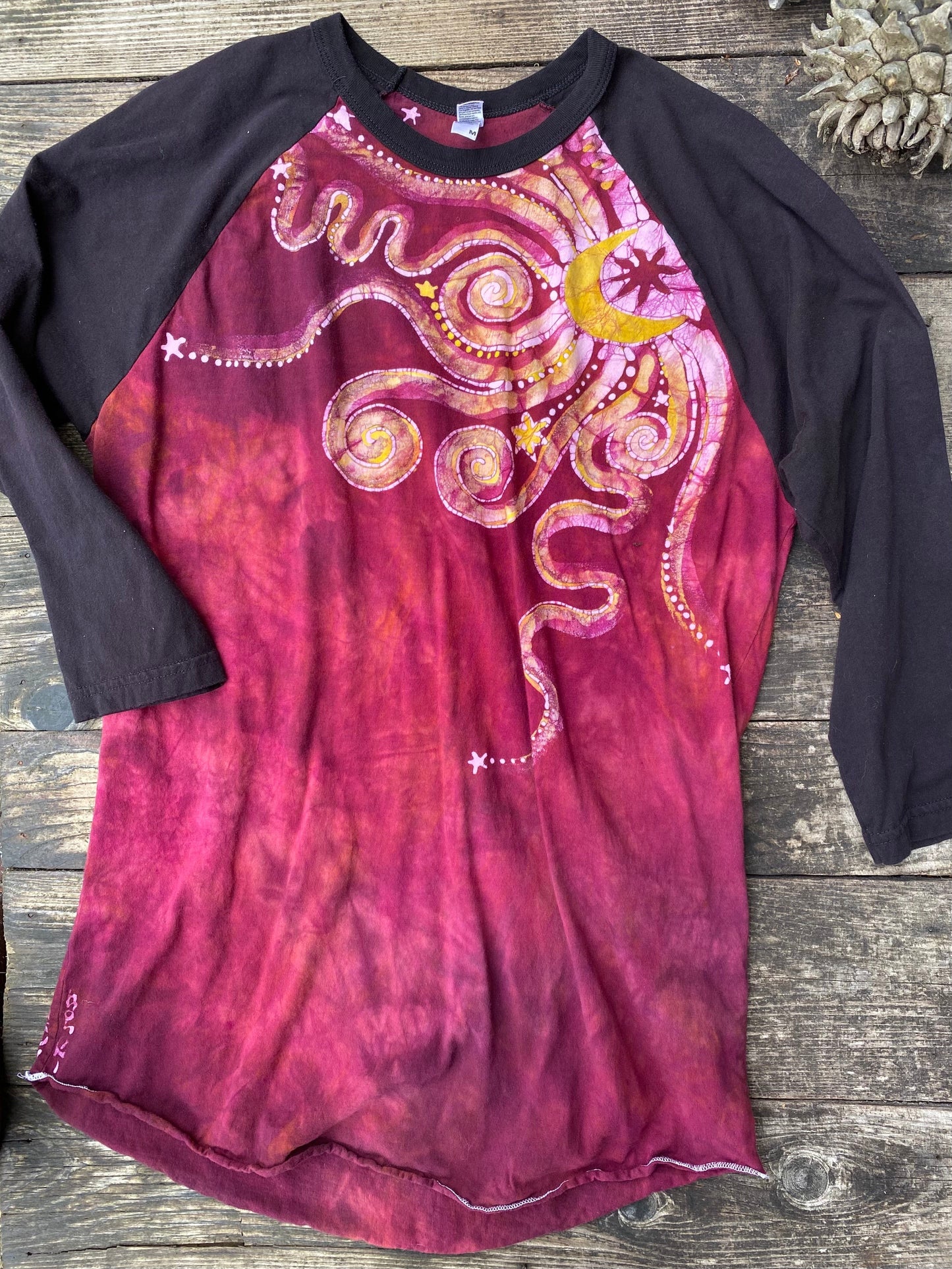 Sunshine and Merlot Moon Swirls Black Raglan 3/4 Sleeve Batik Top Batikwalla Large