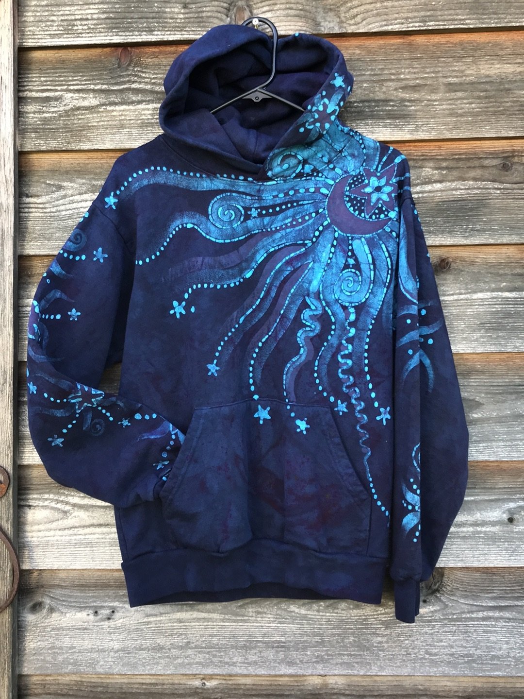 Blue Moon Pullover Hoodie - Handcrafted Batik Creation - Size Large hoodie batikwalla