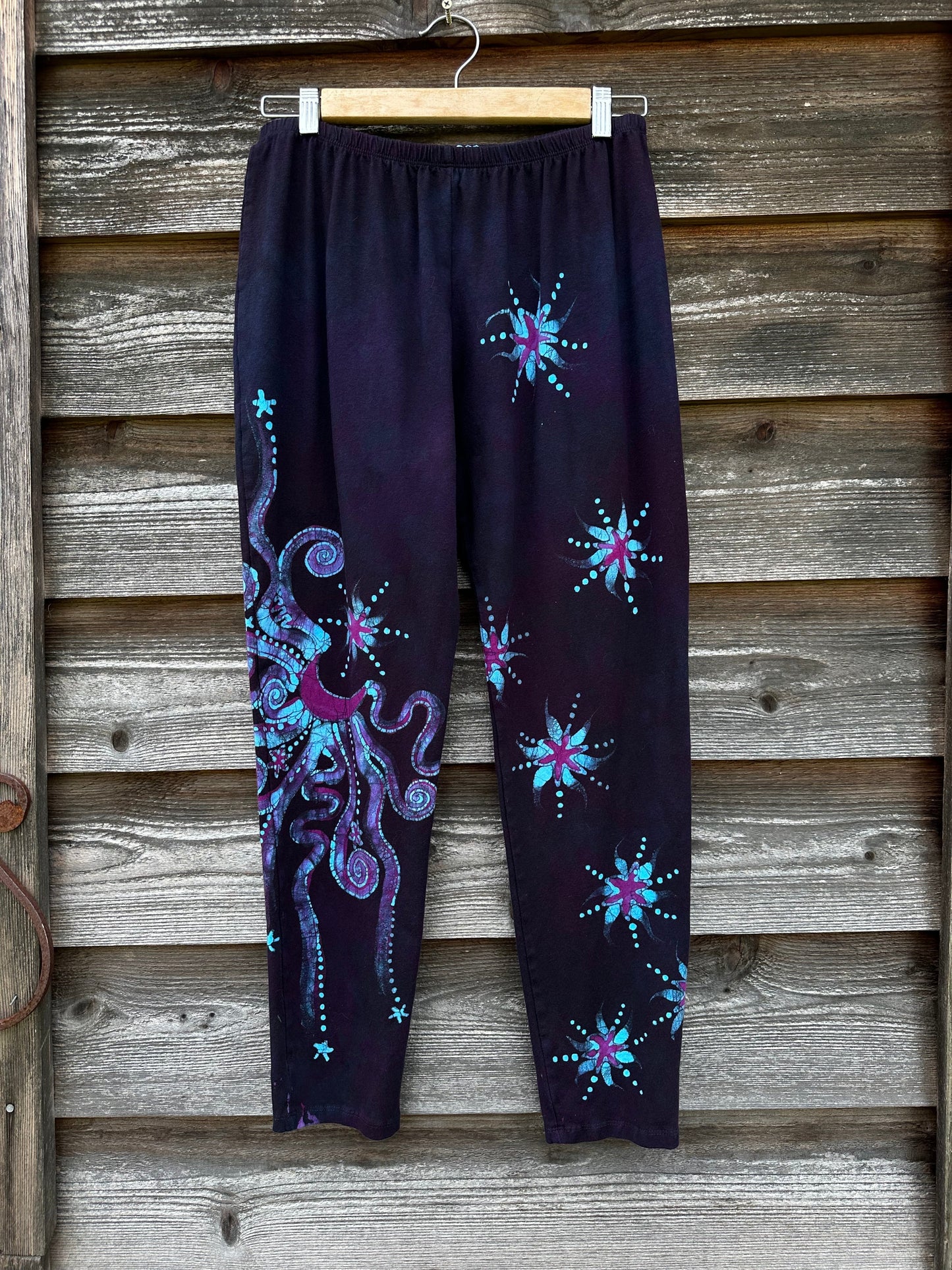 Deep Purple and Turquoise Moon and Star Batik Leggings - Size LARGE leggings batikwalla