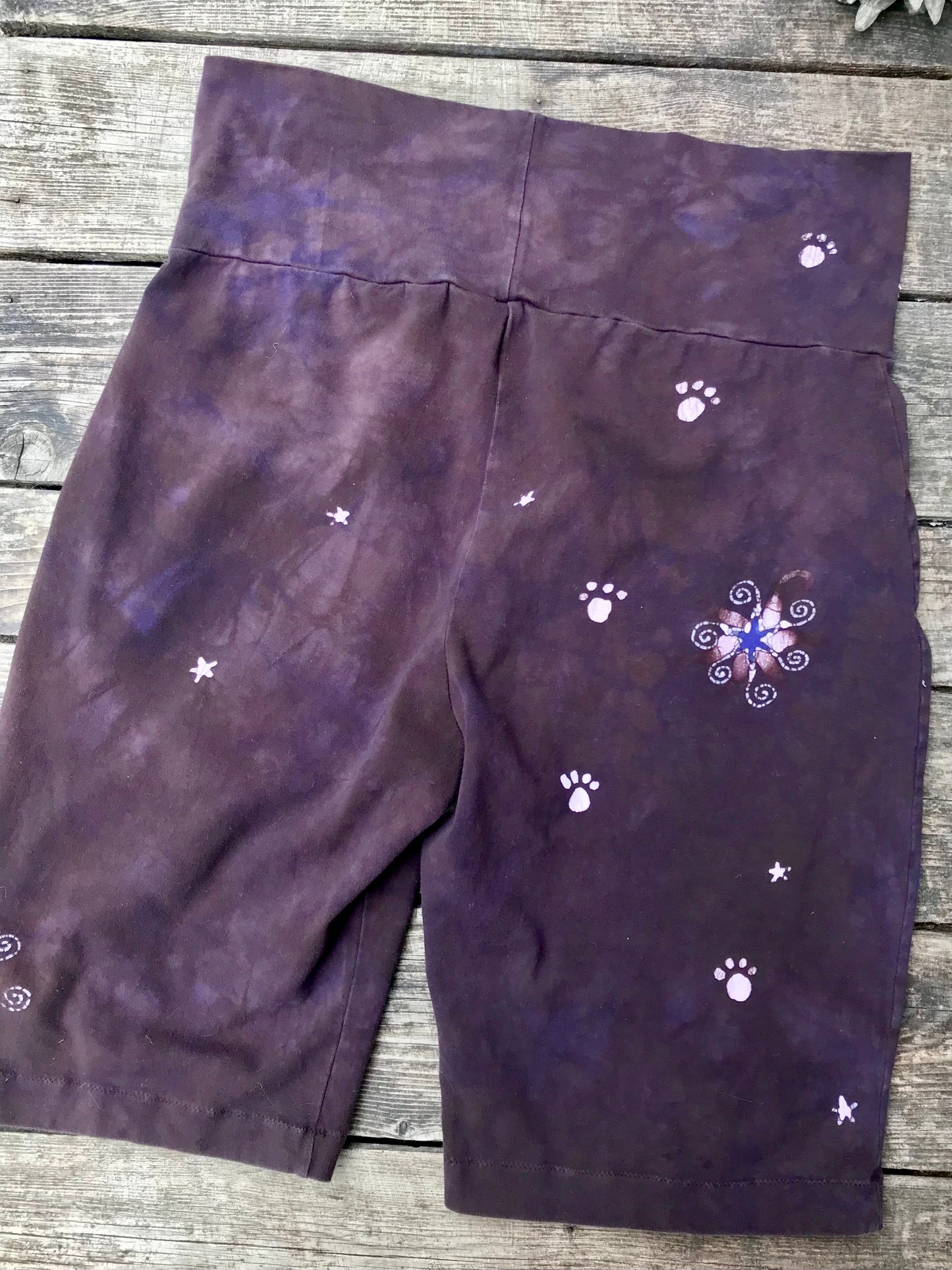 Cat and Moon and Stars Batik Biker Shorts - Purple Eggplant 2X Batikwalla by Victoria