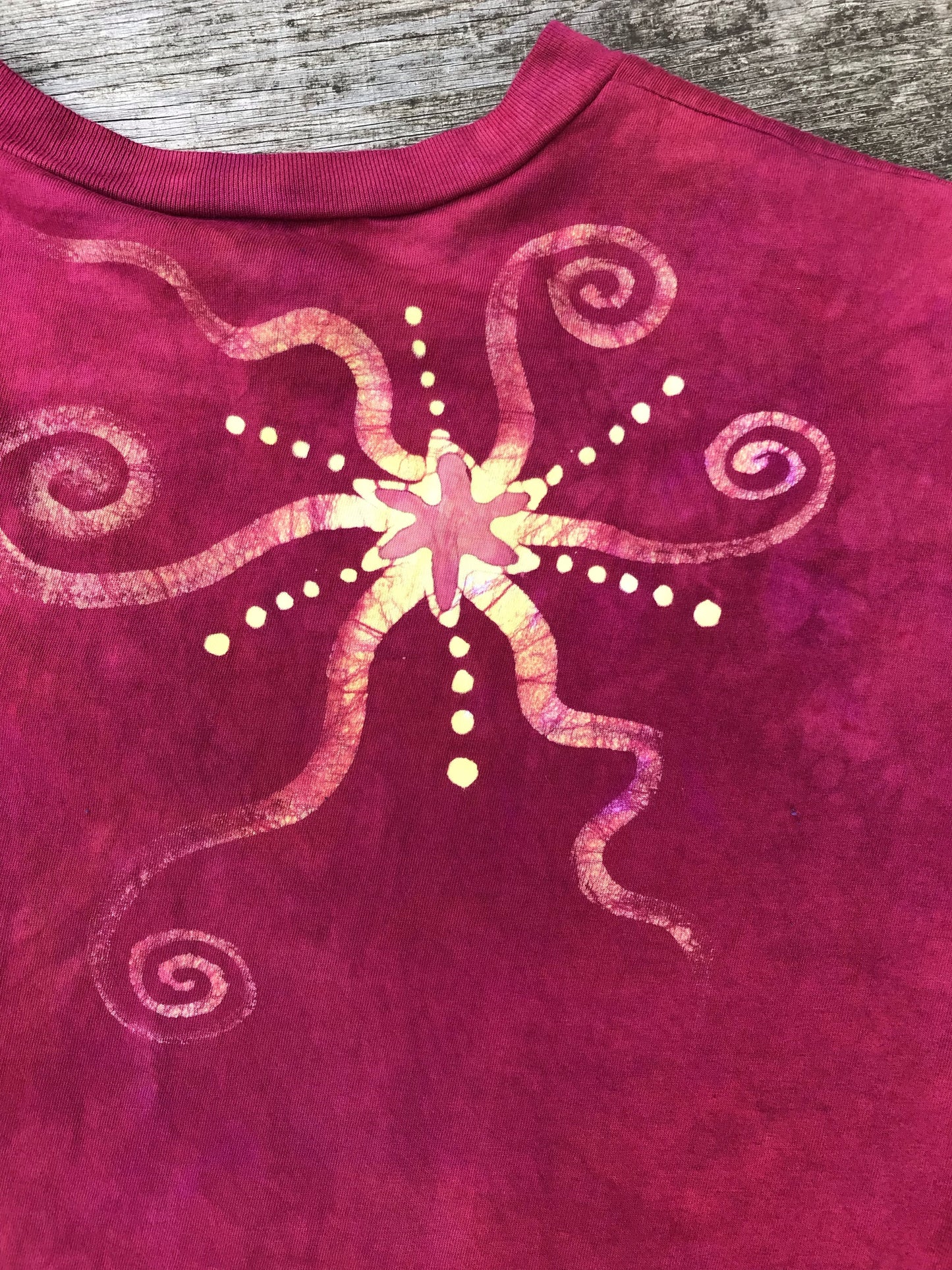 Moonbeams Mandala in Campfire Red - HandCrafted Batik Vneck Tee Batikwalla by Victoria