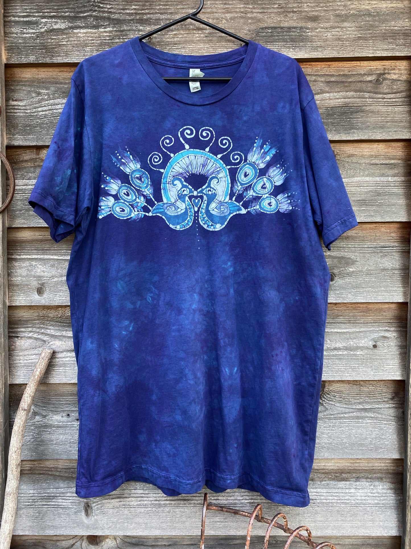 Kissing Peacocks Handmade Blue Batik Tshirt - 2X Long ONLY tshirt batikwalla
