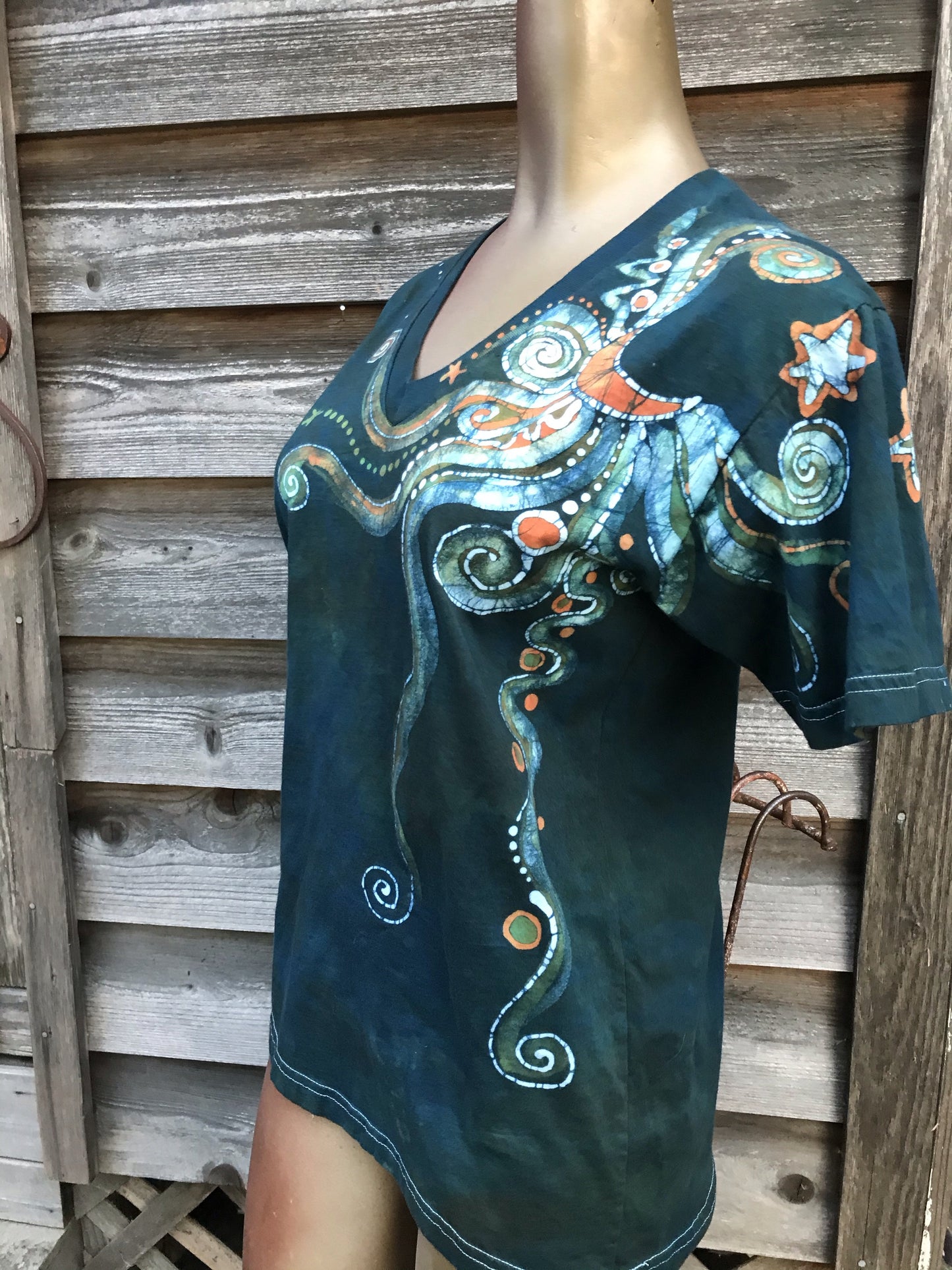 Peach and Teal Moonbeams Hand Painted Batikwalla Vneck Tshirt - Unisex Tshirts batikwalla