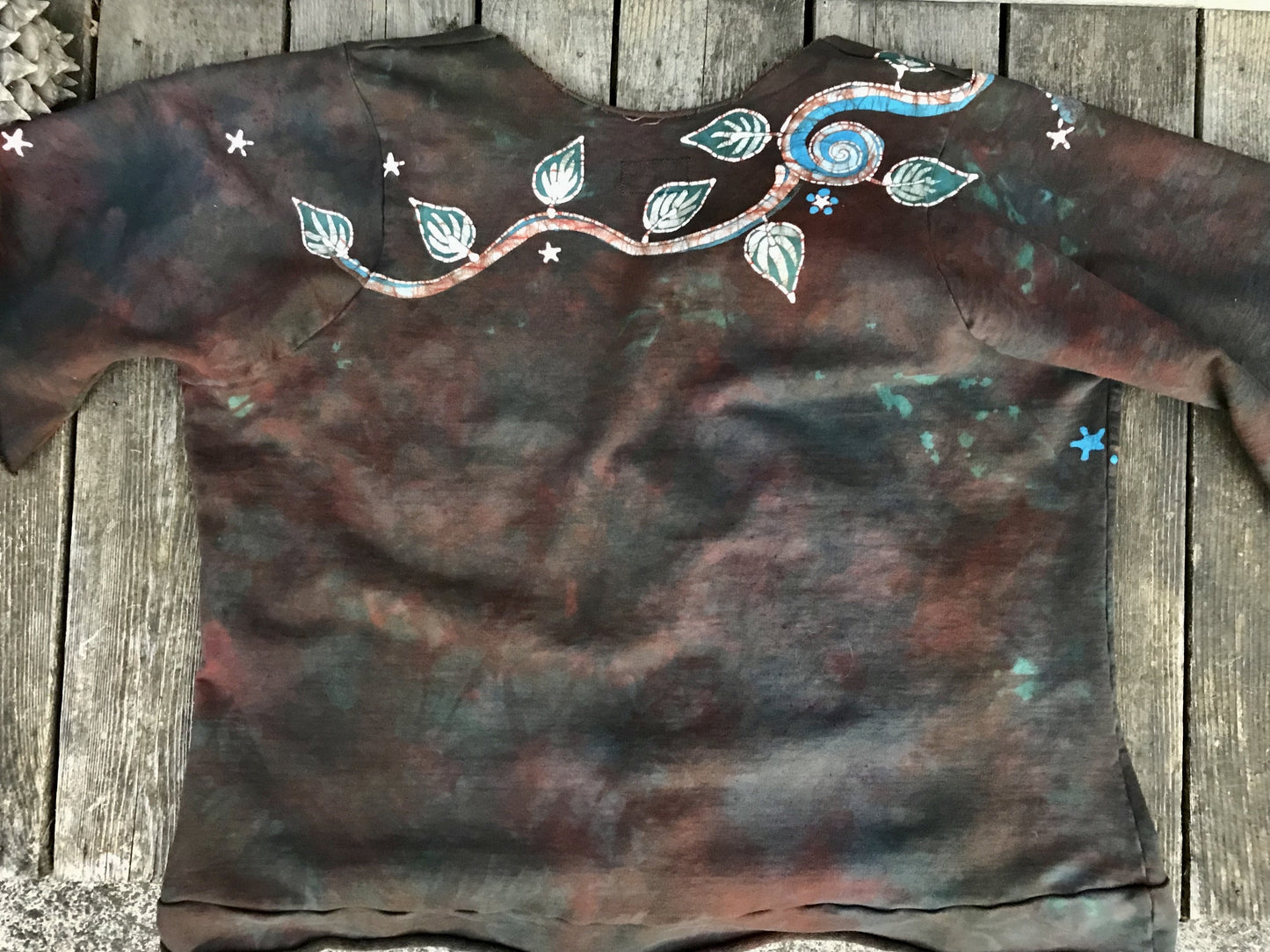 Autumn Leaves Deep Vneck Organic Cotton Handmade Batik Top, Size 2X Plus Batik Dresses Batikwalla