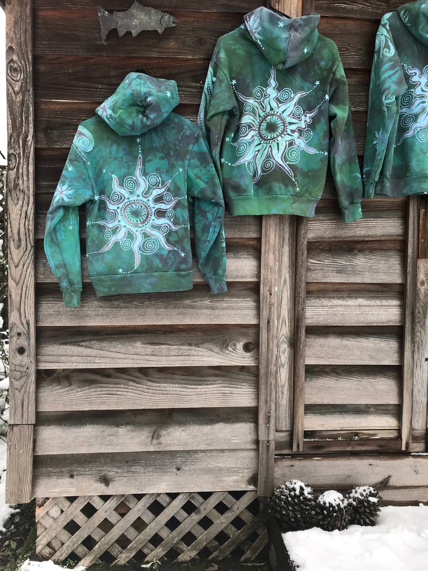Mushroom and Moss Green Moon Handcrafted Batik Zipper Hoodie - Size Small hoodie batikwalla