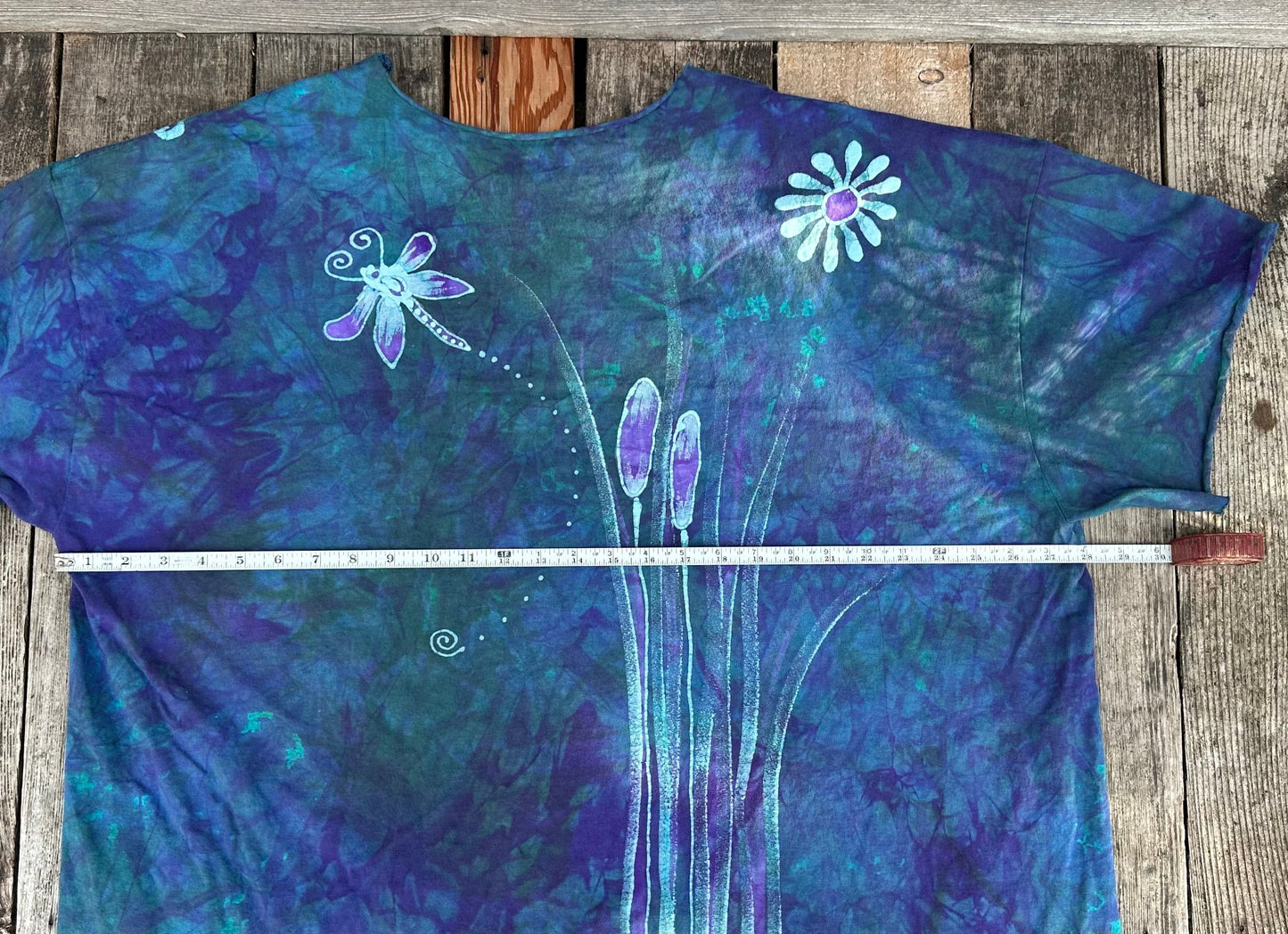 Dragonfly in Teal and Purple Cotton Cropped Crew Tee - Size 3X Shirts & Tops Batikwalla by Victoria