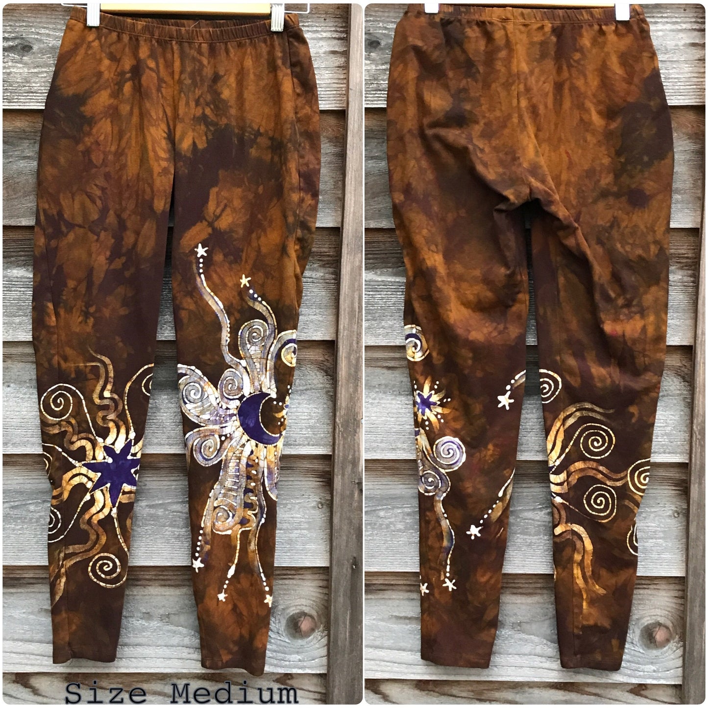 Dark Gold and Purple Sun Stars Batikwalla Leggings