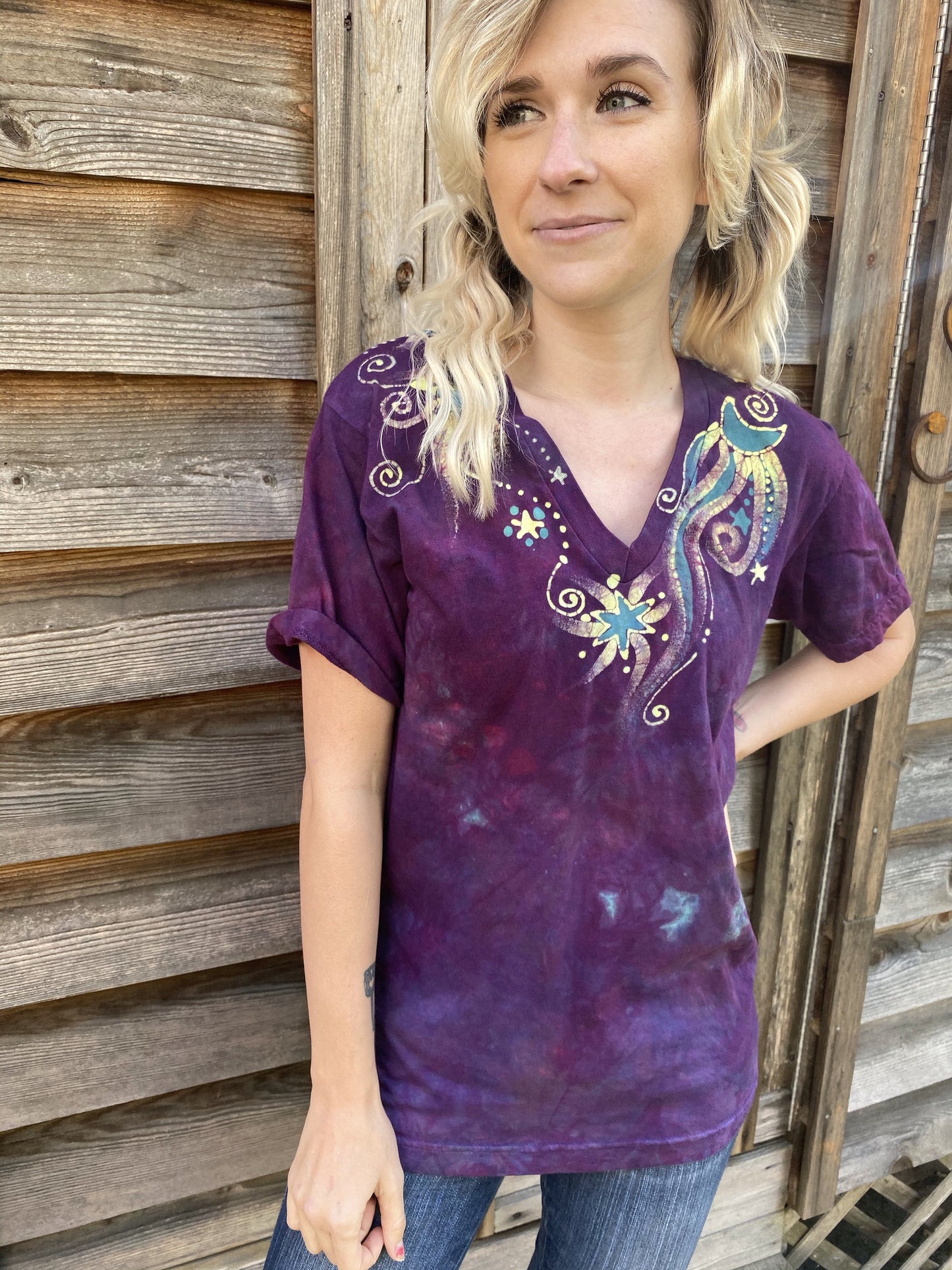 Centered In Light - HandCrafted Moons & Stars Vneck Tee Batikwalla by Victoria