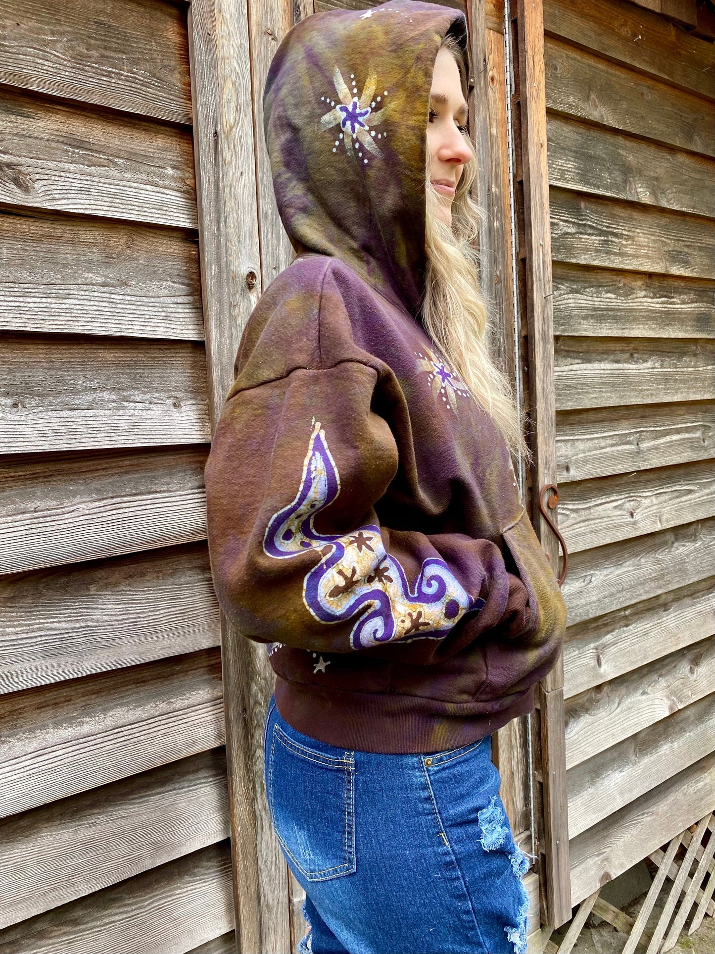 Dark Gold and Purple Moon and Stars Handmade Batik Hoodie - Size M/L hoodie batikwalla
