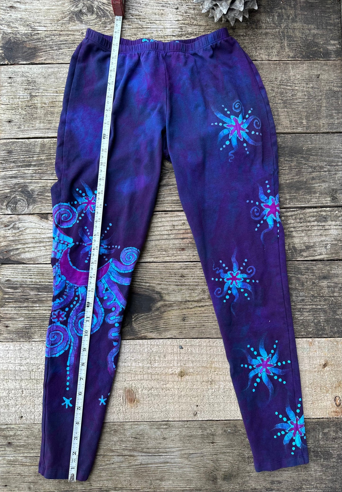 Deep Purple and Turquoise Moon & Star Batik Leggings - Size SMALL leggings batikwalla