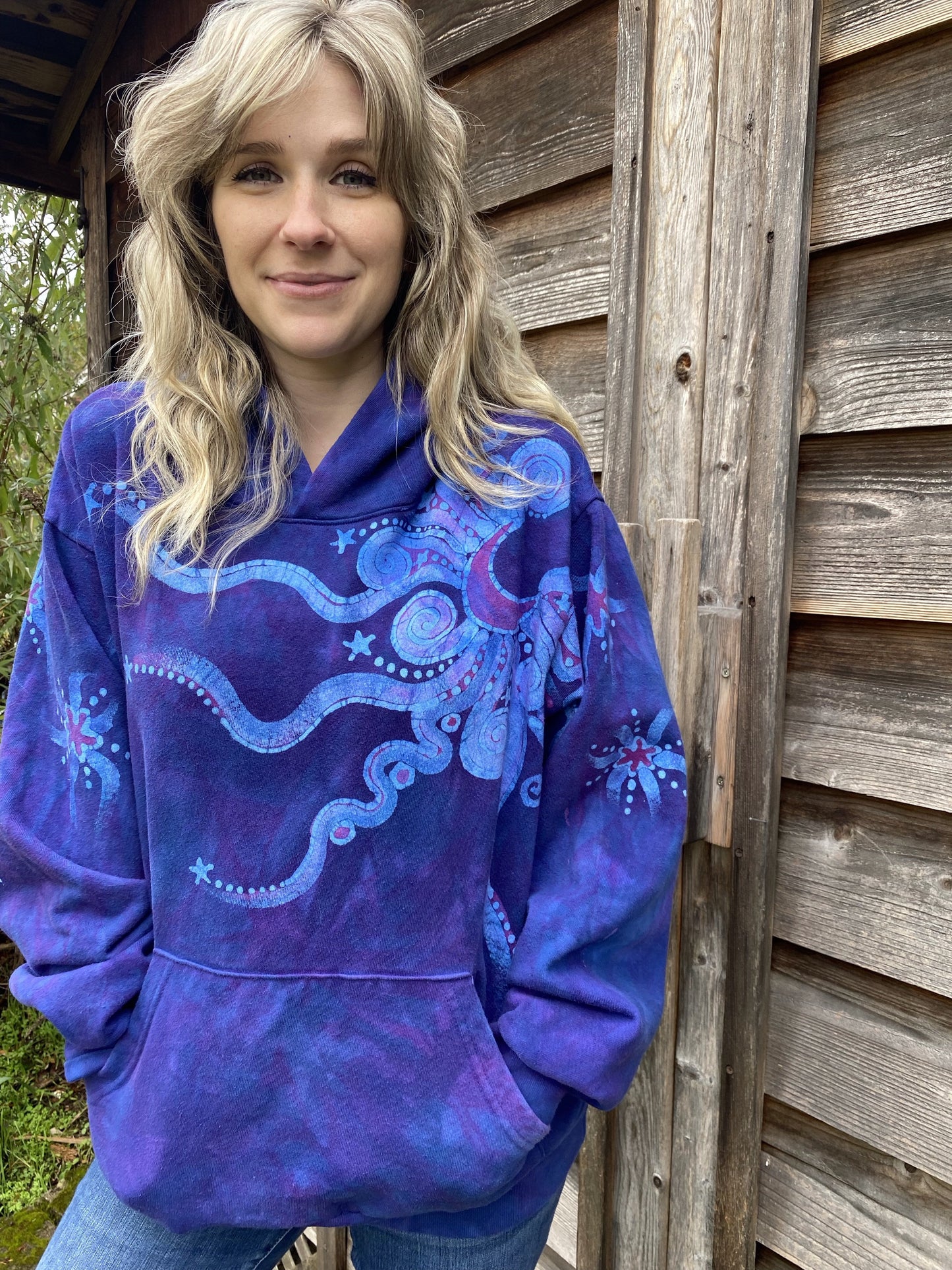 Blue Moonlight Cascade - Handcrafted Batik Pullover Hoodie hoodie batikwalla