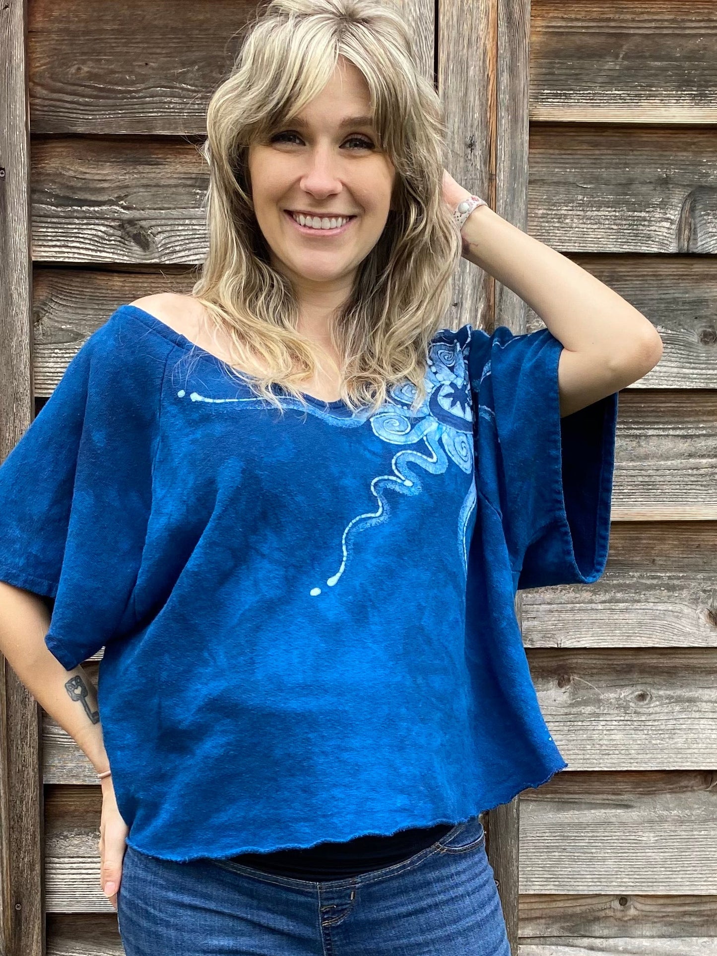 Bluest of Moons Organic Cotton Terry Handmade Batik Top - L/XL (Extremely Oversized) Batik Dresses Batikwalla