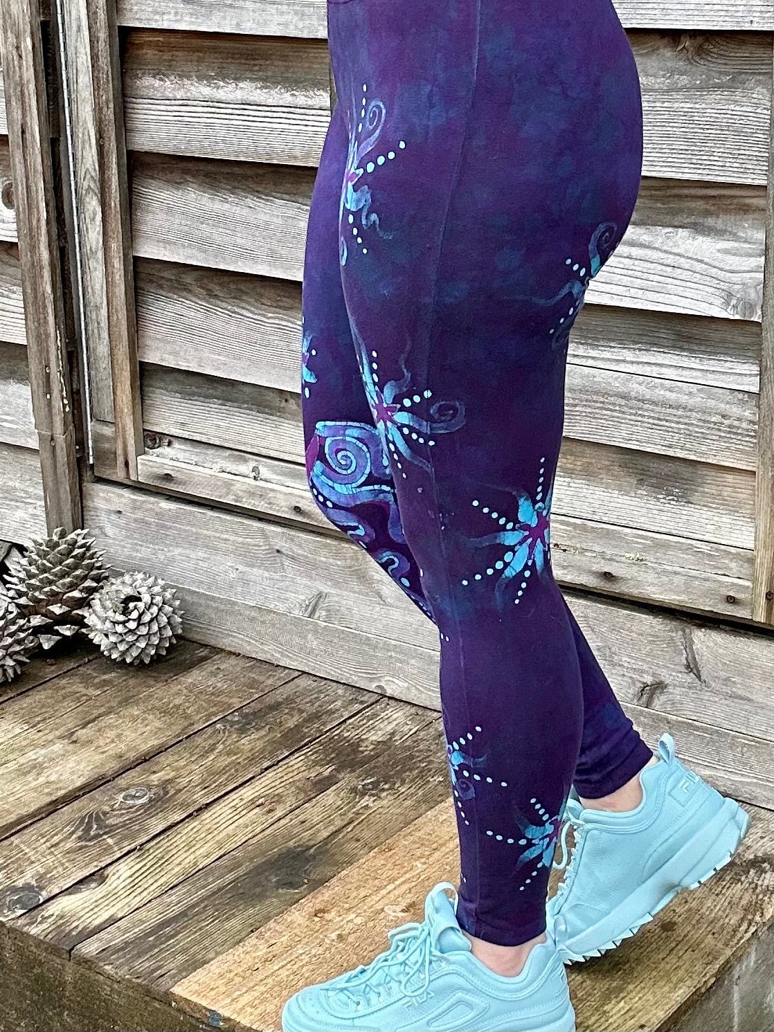 Deep Purple and Turquoise Moon & Star Batik Leggings - Size SMALL leggings batikwalla