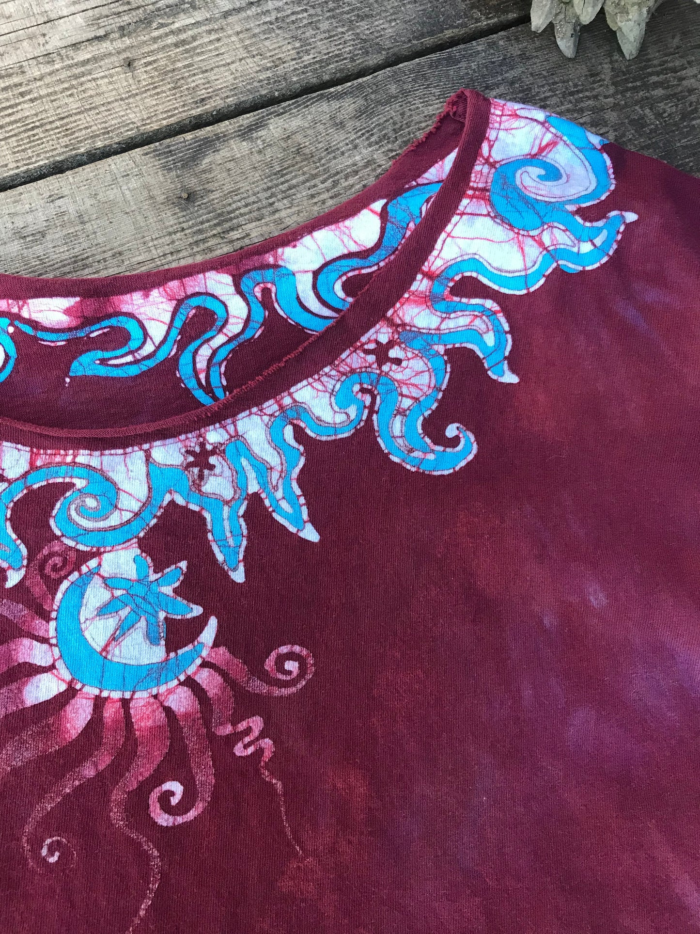 Turquoise and Rust Perpetual Waves of Moonlight Oversize Crop Top Batikwalla by Victoria