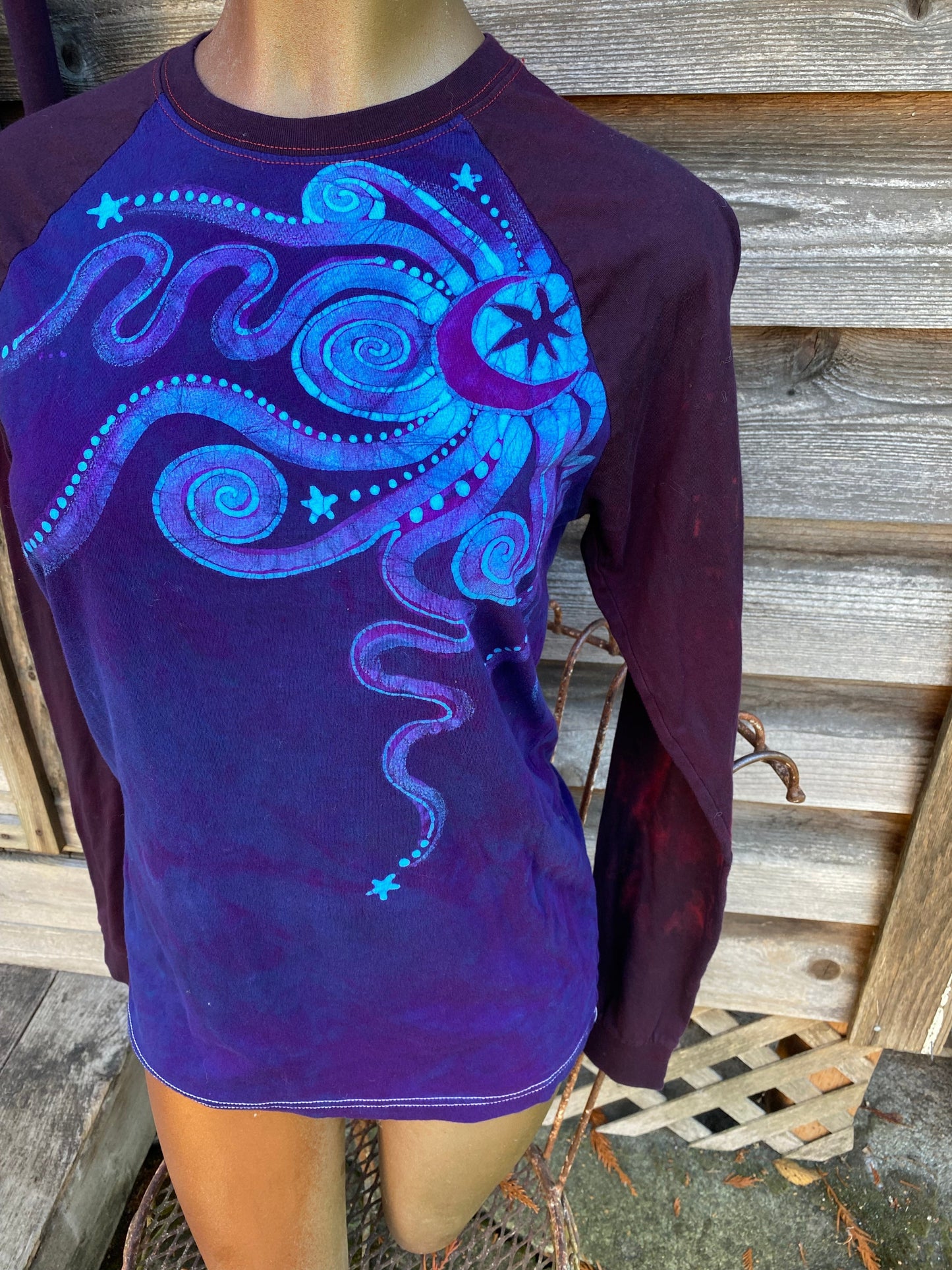 Midnight Blue and Purple Moon Swirls Black Raglan 3/4 Sleeve Batik Top Tops Batikwalla Medium
