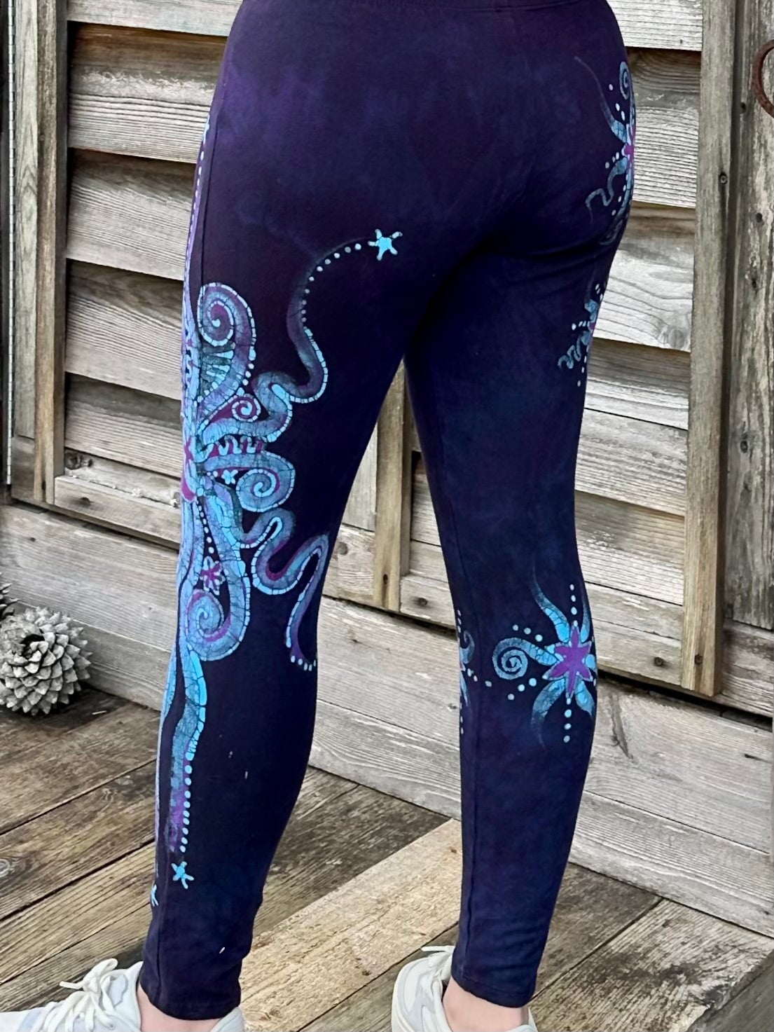 Deep Purple and Turquoise Moon and Star Batik Leggings - Size LARGE leggings batikwalla