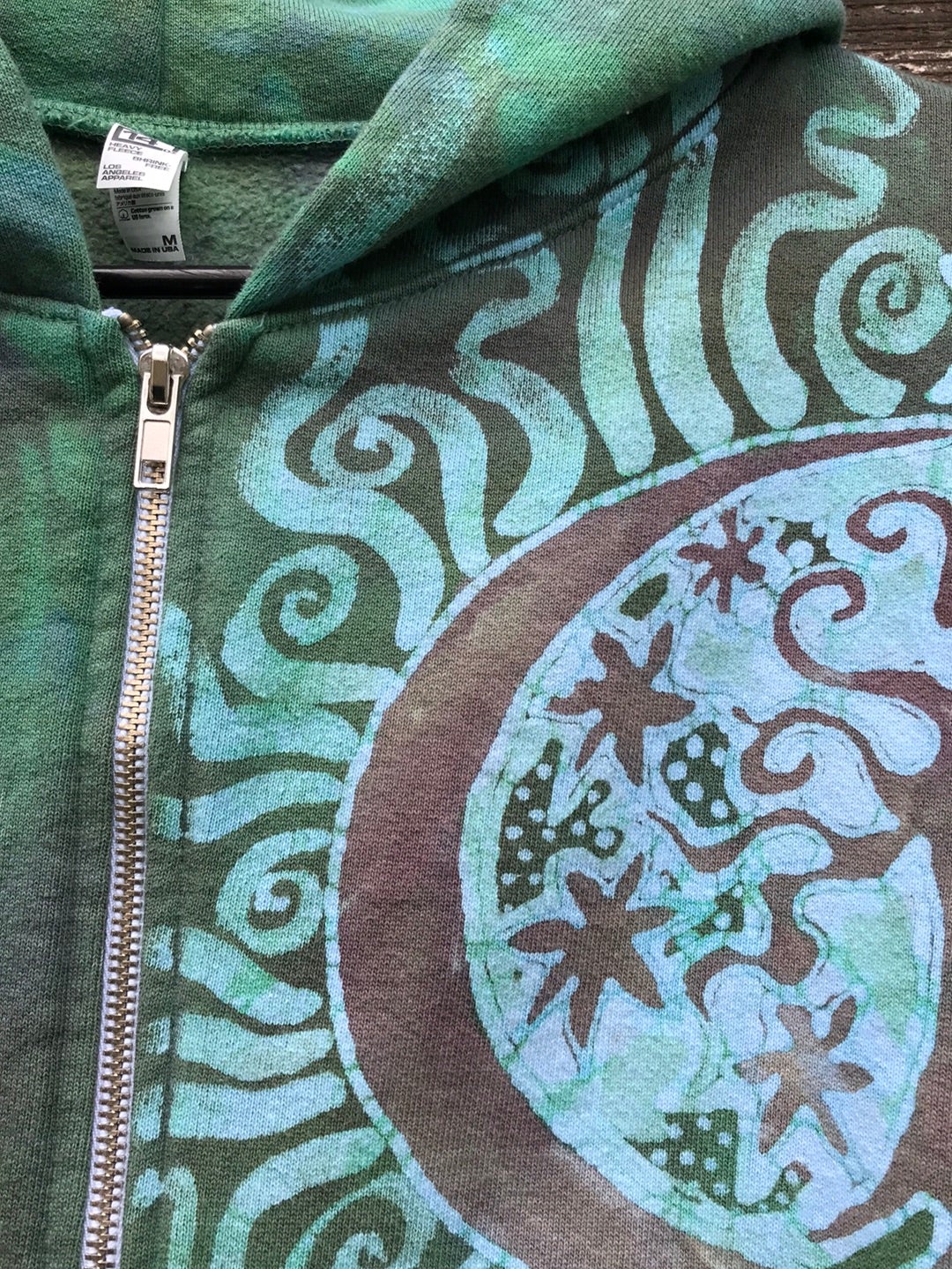 Mushroom and Moss Green Moon Handcrafted Batik Zipper Hoodie - Size Medium hoodie batikwalla