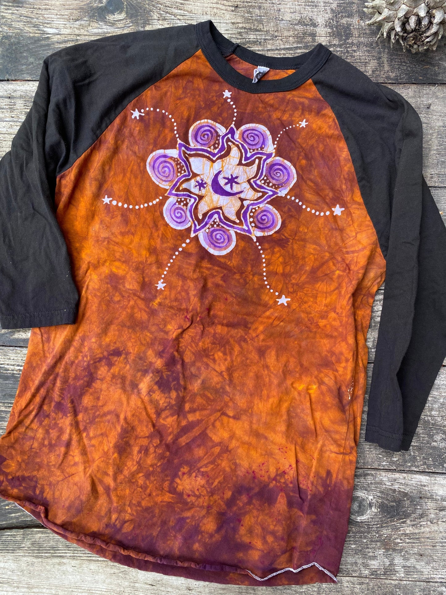 Big Sun Moon Star Swirls Black Raglan 3/4 Sleeve Batik Top Batikwalla Large