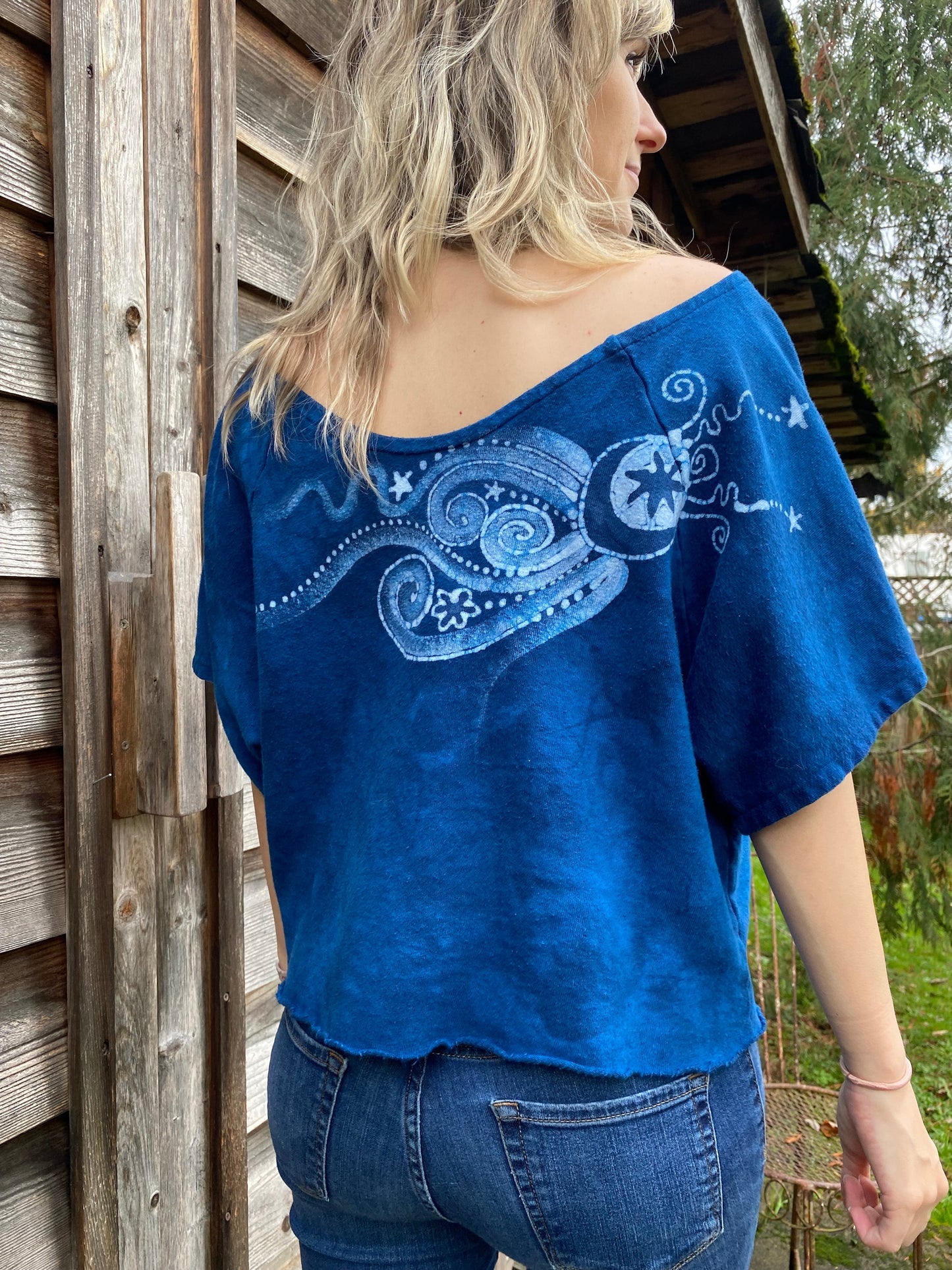 Bluest of Moons Organic Cotton Terry Handmade Batik Top - L/XL (Extremely Oversized) Batik Dresses Batikwalla