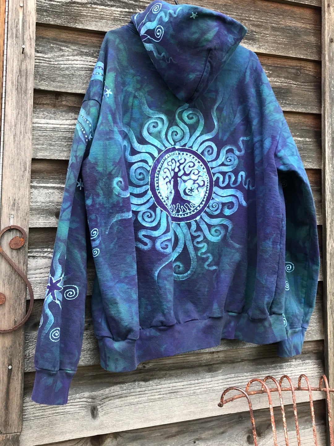 Teal and Purple Tree of Life Handcrafted Batik Zipper Hoodie - Size 2X hoodie batikwalla