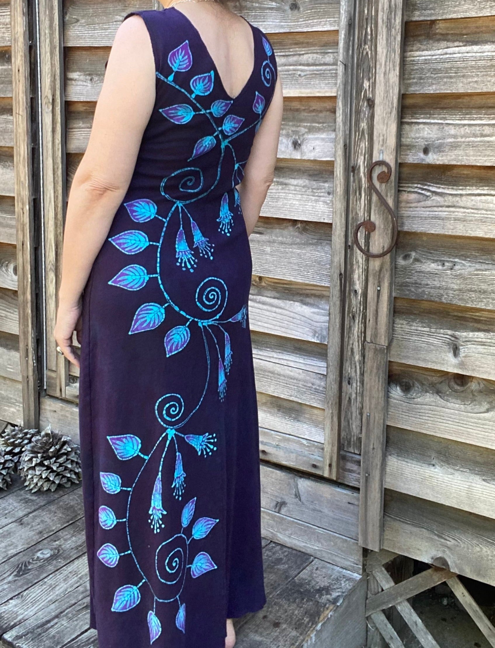Trailing Blue Fuchsias Organic Cotton Batik Dress Trailing Blue Fuchsias Organic Cotton Batik Dress