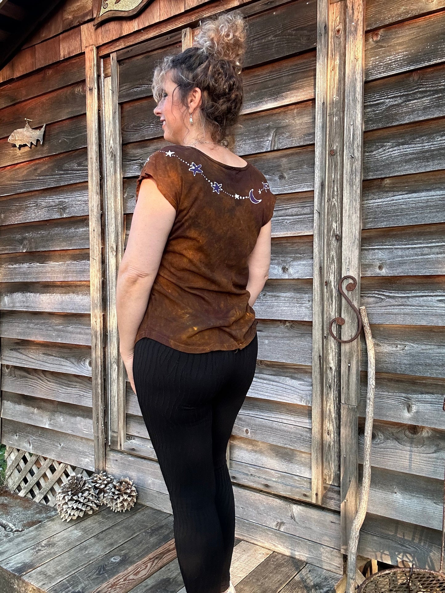 Dark Gold and Purple Moonbeams Handmade Batik Scoop Neck Tshirt Tops batikwalla