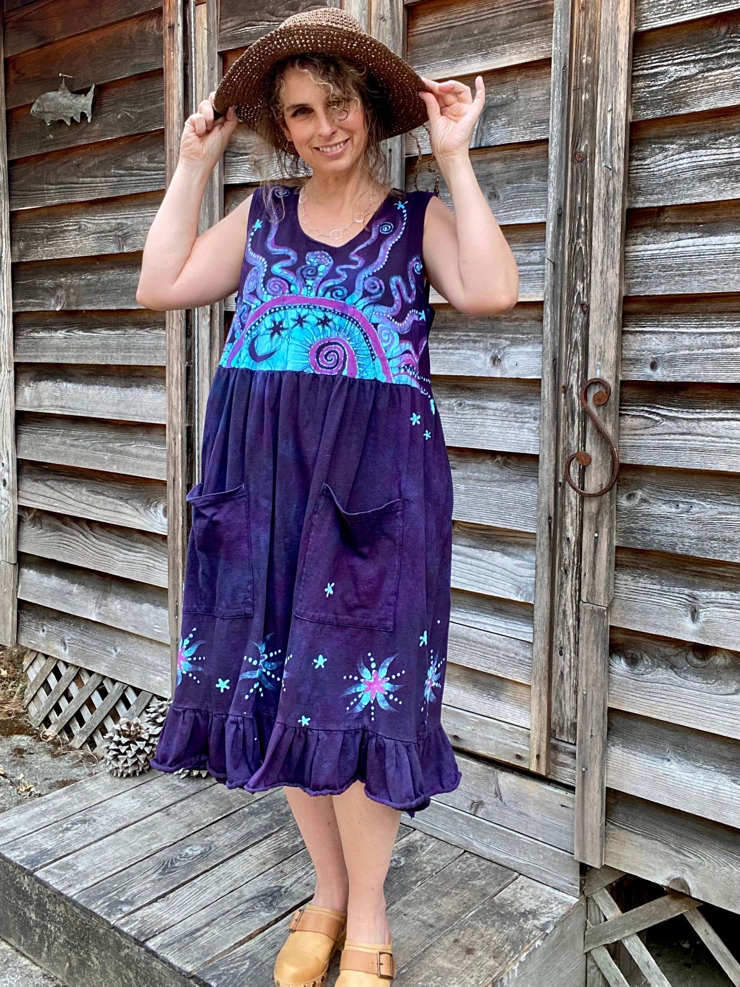 Mystic Moonlight with Turquoise Sunrise - Farmer's Market Pocket Dress - Size XL Batik Dresses Batikwalla