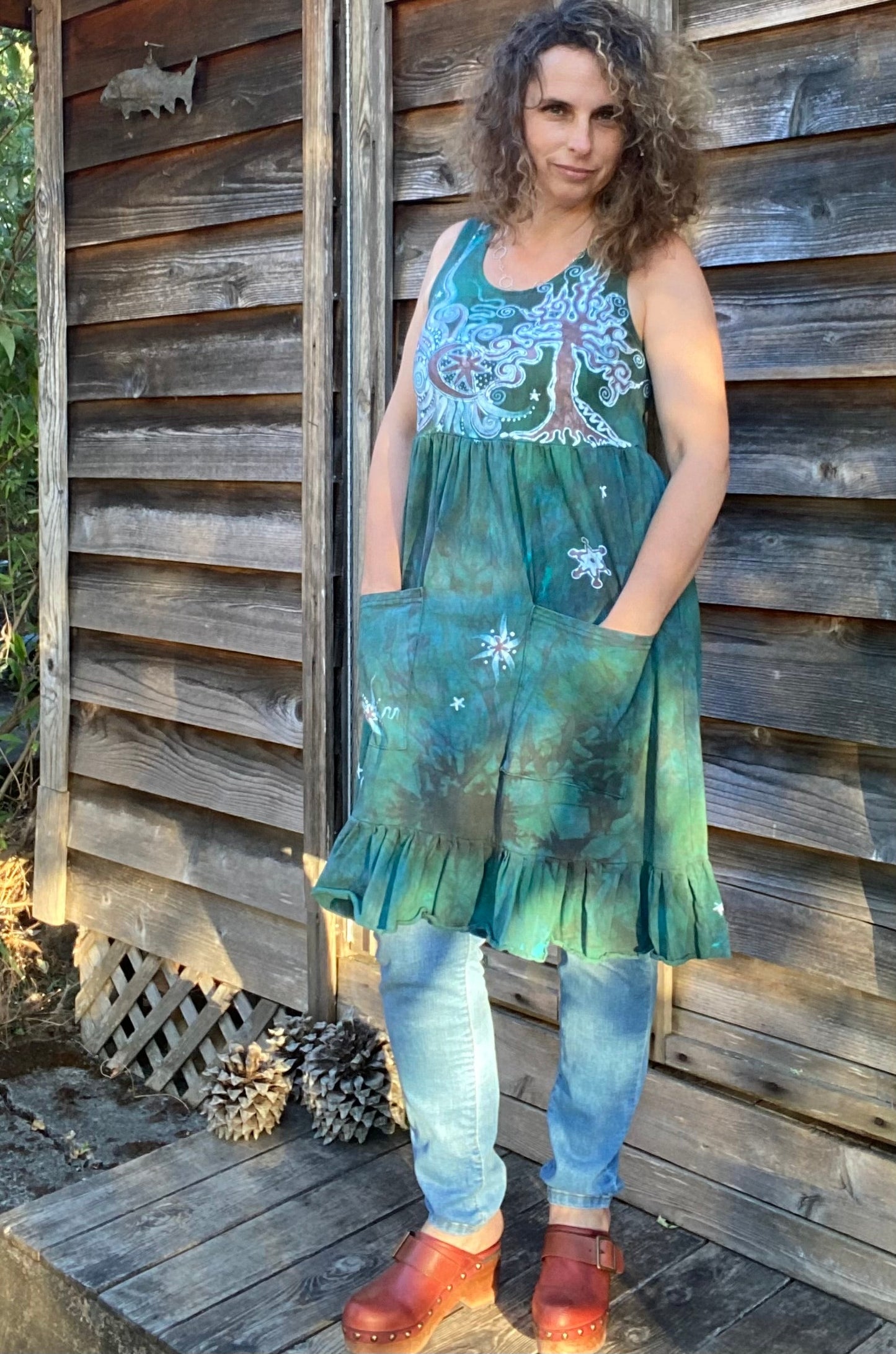 Mist in the Moss Forest - Farmer's Market Pocket Dress - Size Small Batik Dresses Batikwalla