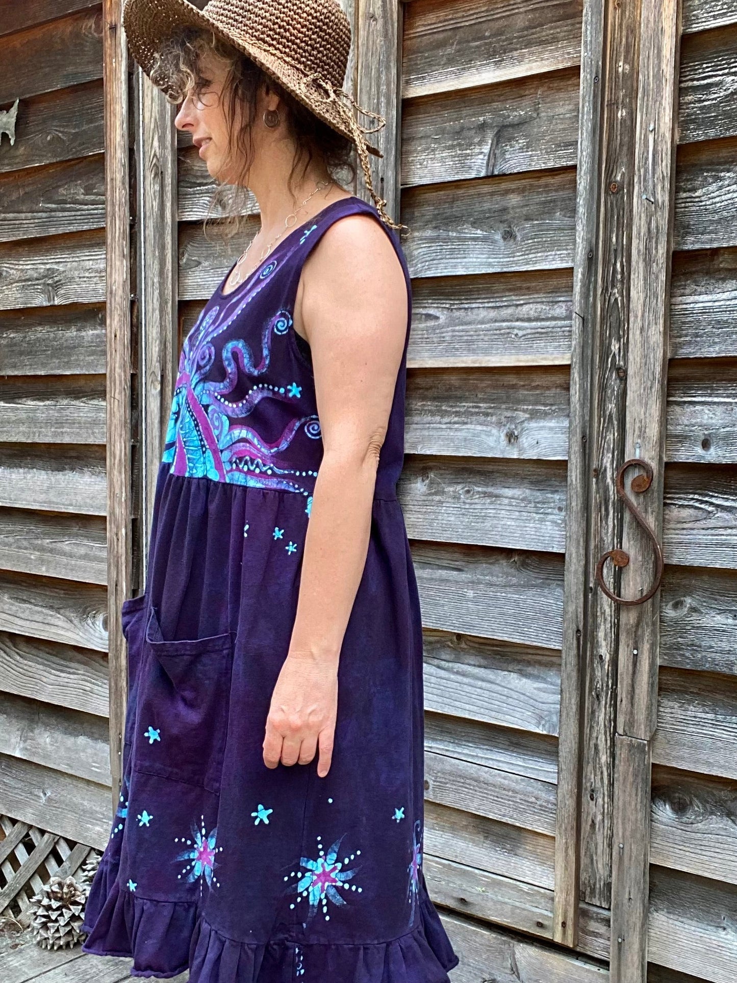 Mystic Moonlight with Turquoise Sunrise - Farmer's Market Pocket Dress - Size XL Batik Dresses Batikwalla
