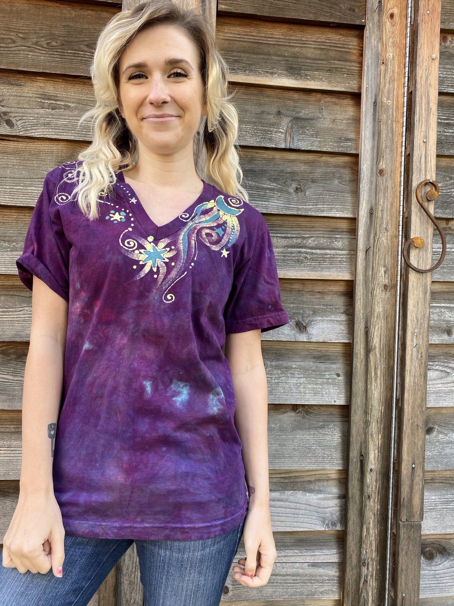 Centered In Light - HandCrafted Moons & Stars Vneck Tee Batikwalla by Victoria