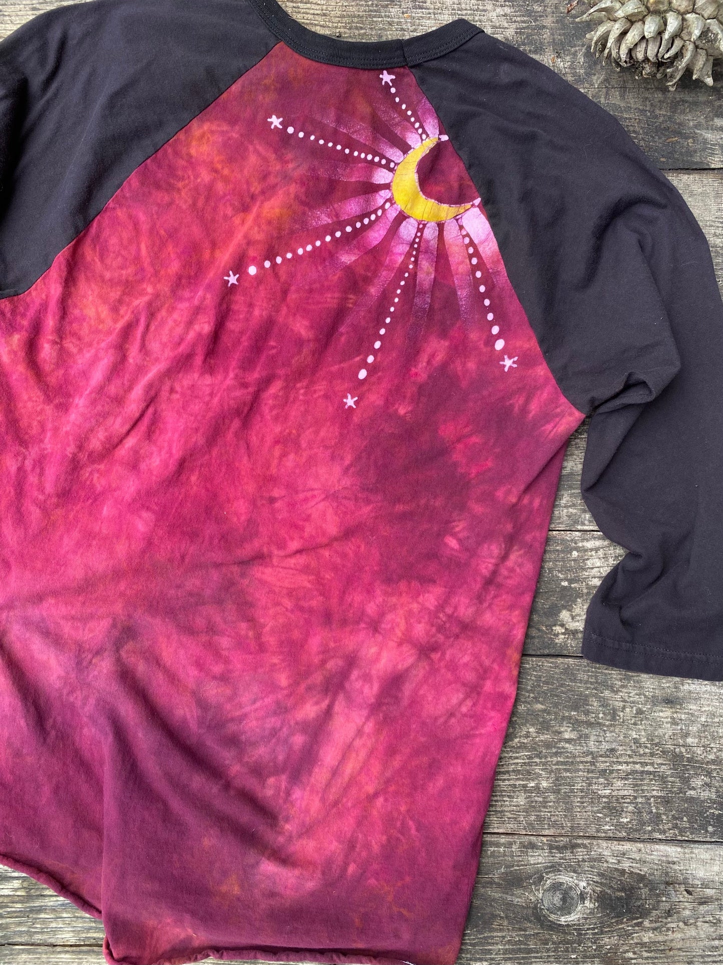 Sunshine and Merlot Moon Swirls Black Raglan 3/4 Sleeve Batik Top Batikwalla