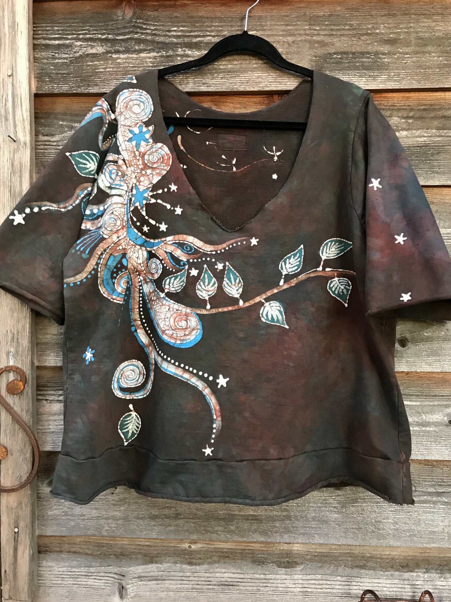 Autumn Leaves Deep Vneck Organic Cotton Handmade Batik Top, Size 2X Plus Batik Dresses Batikwalla