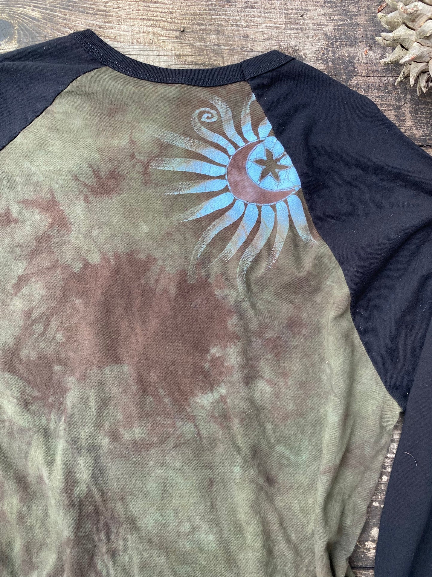 Tree of Life Rises From Ash Black Raglan 3/4 Sleeve Batik Top Batikwalla