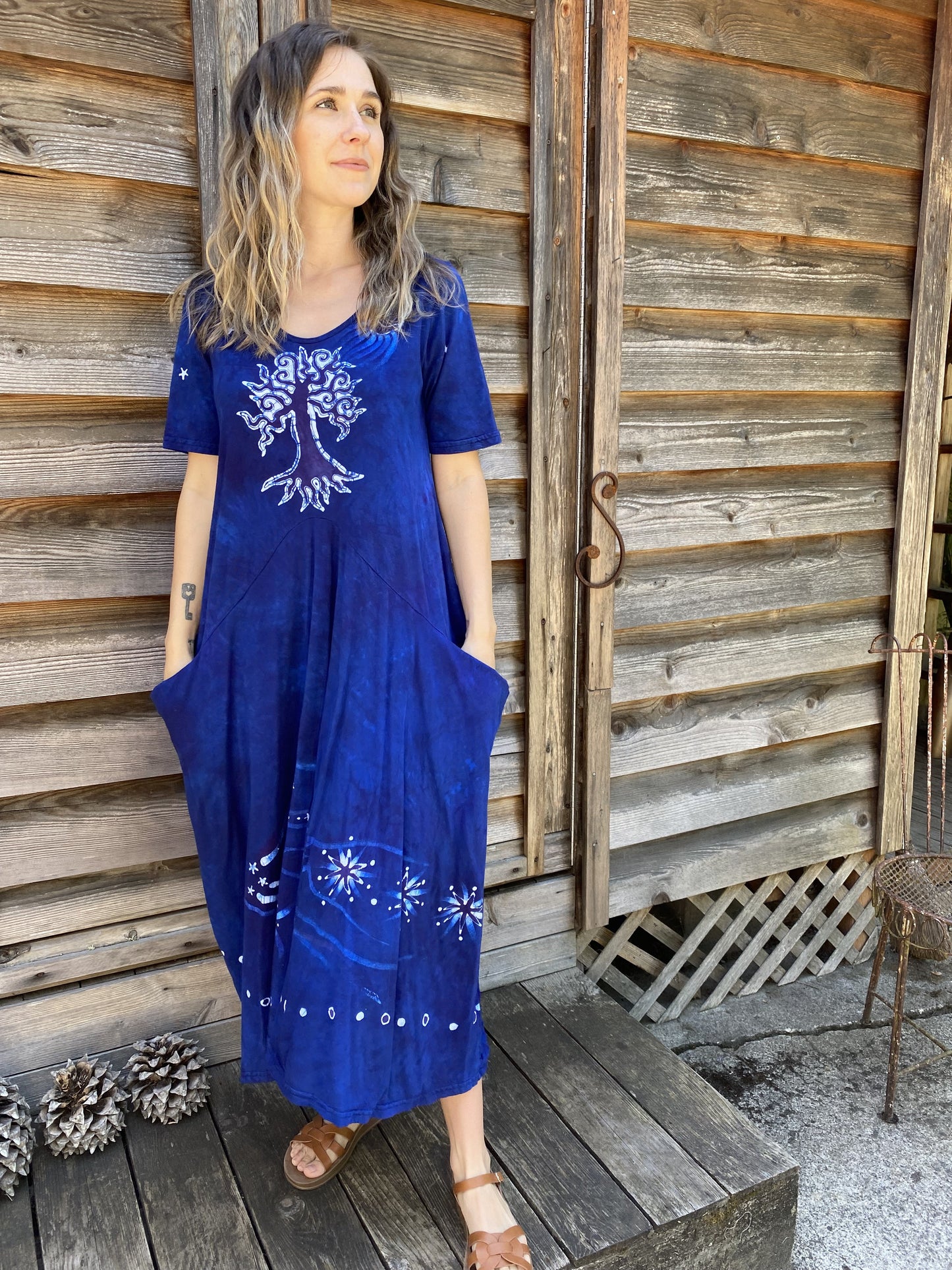 Blue Moon Galaxy - Hand Painted Short Sleeve Batik Dress - With Pockets Batik Dresses Batikwalla
