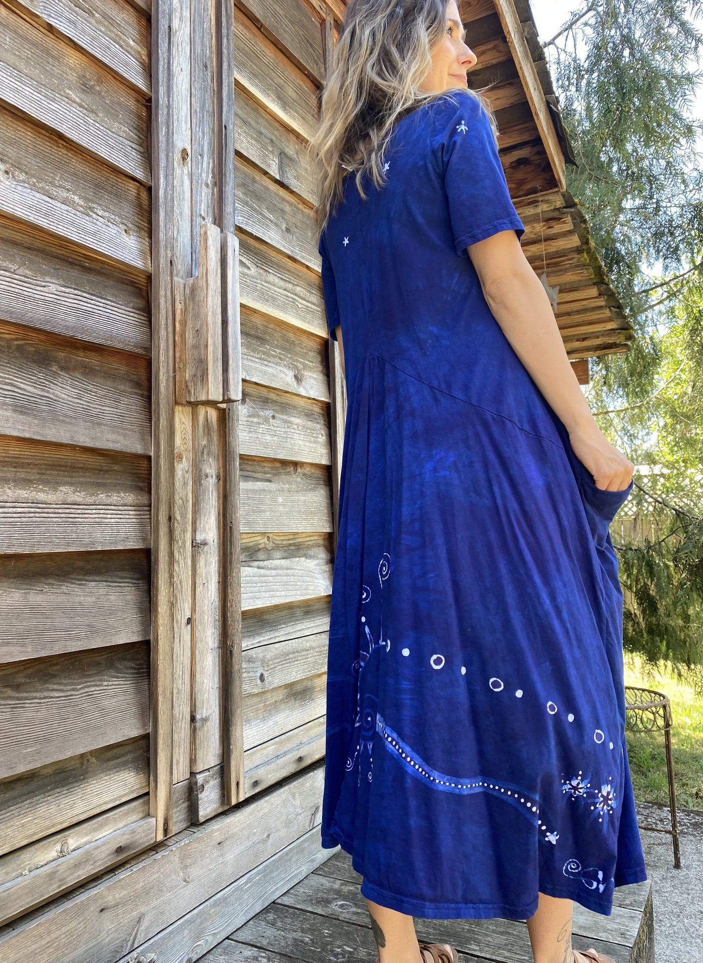 Blue Moon Galaxy - Hand Painted Short Sleeve Batik Dress - With Pockets Batik Dresses Batikwalla