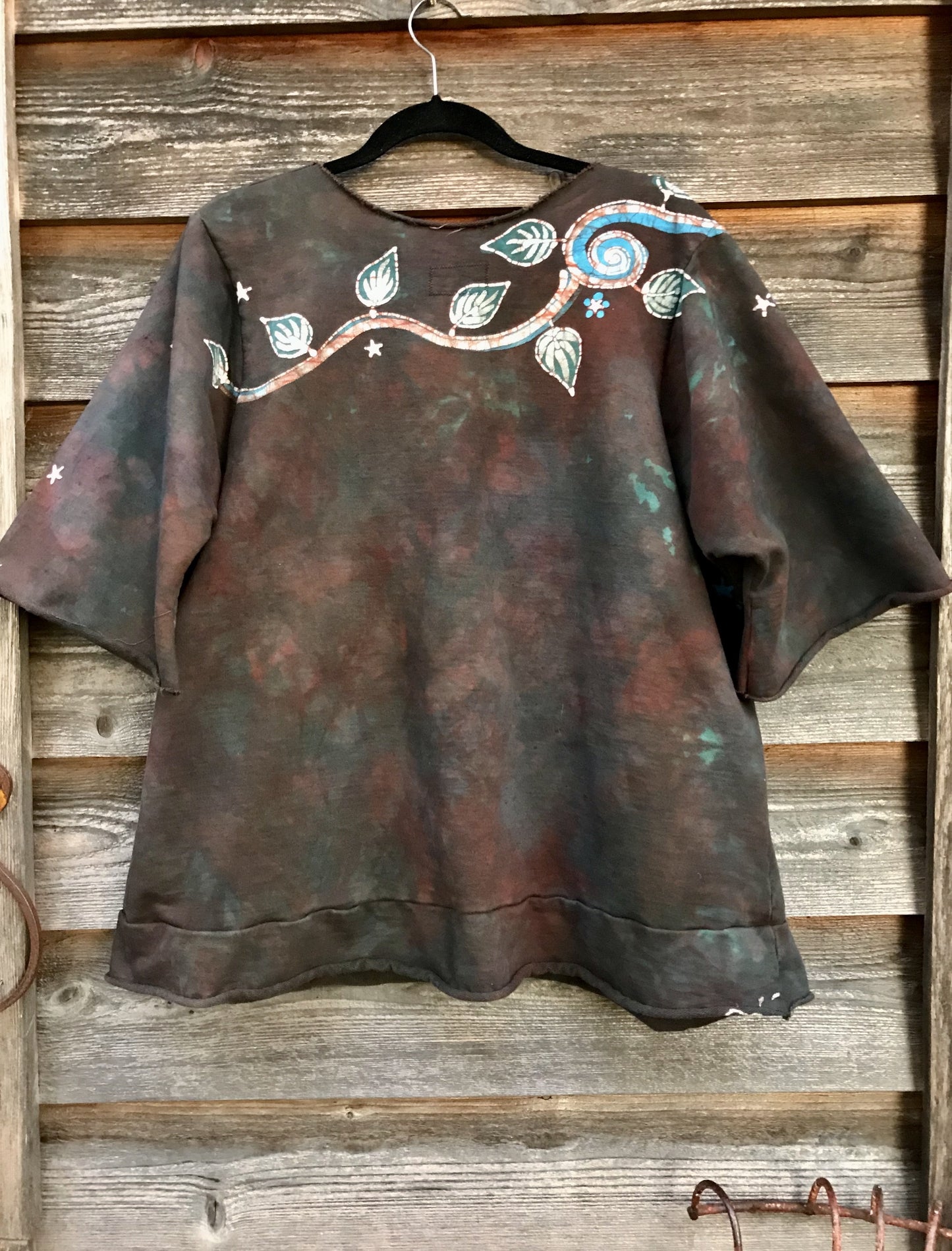 Autumn Leaves Deep Vneck Organic Cotton Handmade Batik Top, Size 2X Plus Batik Dresses Batikwalla