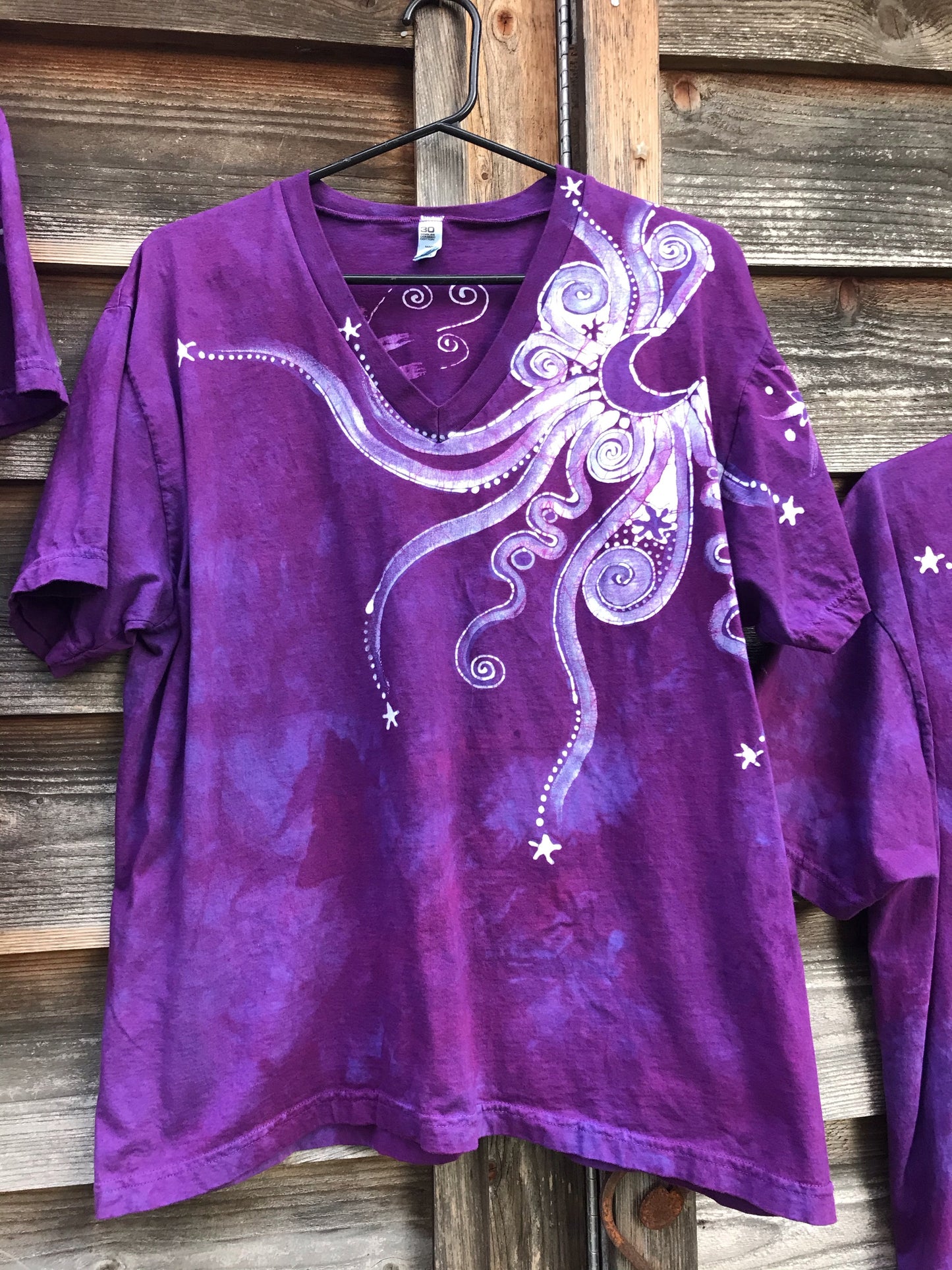 Fuchsia Moonbeams Hand Painted Batikwalla Vneck Tshirt - Unisex Tshirts batikwalla XL