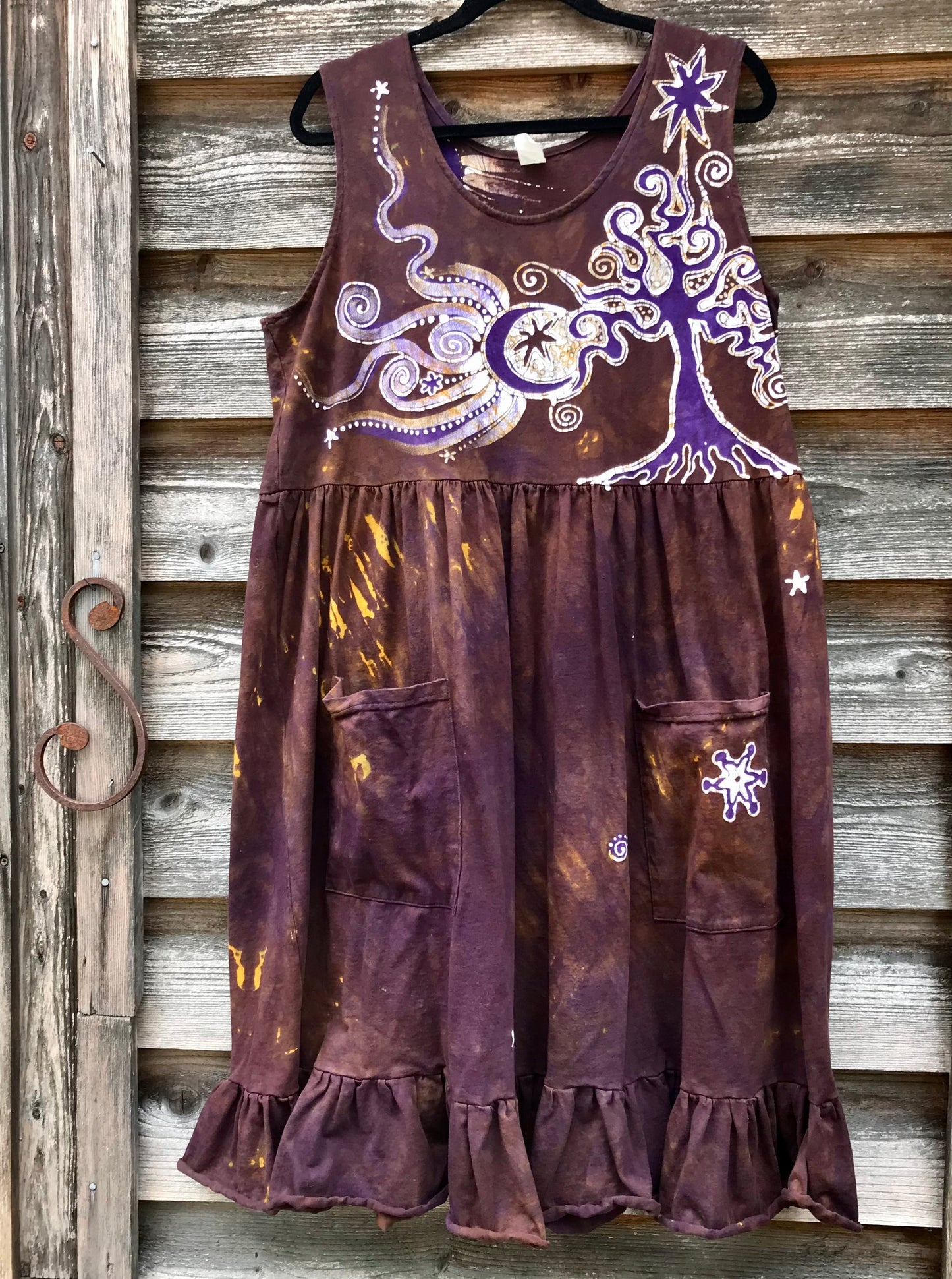 Reserved for Karin - Golden Sun Purple Forest Farmer's Market Pocket Dress - Size 2X Batik Dresses Batikwalla