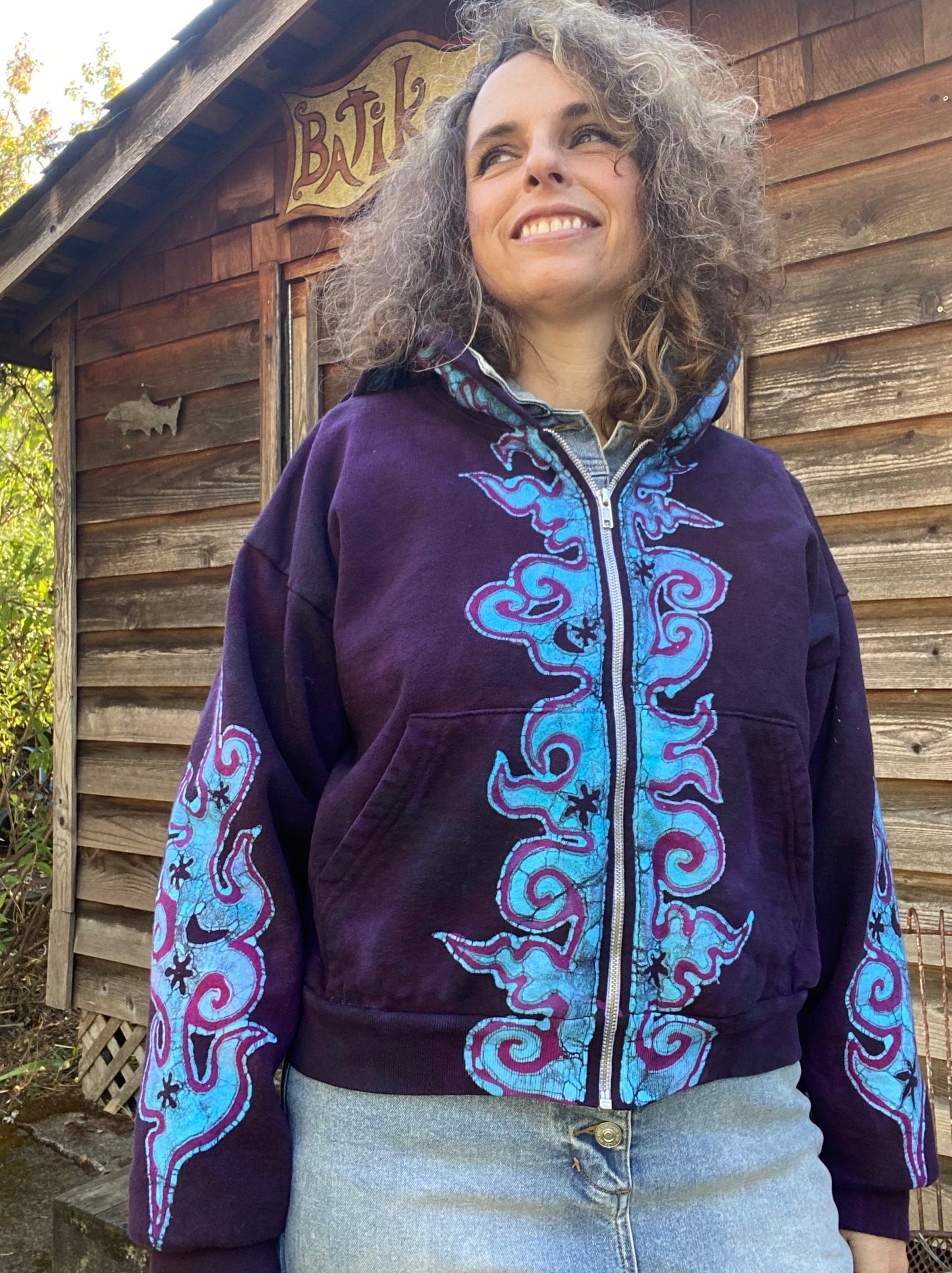 Midnight Purple with Turquoise Flames Handmade Batik Hoodie - Size M/L hoodie batikwalla